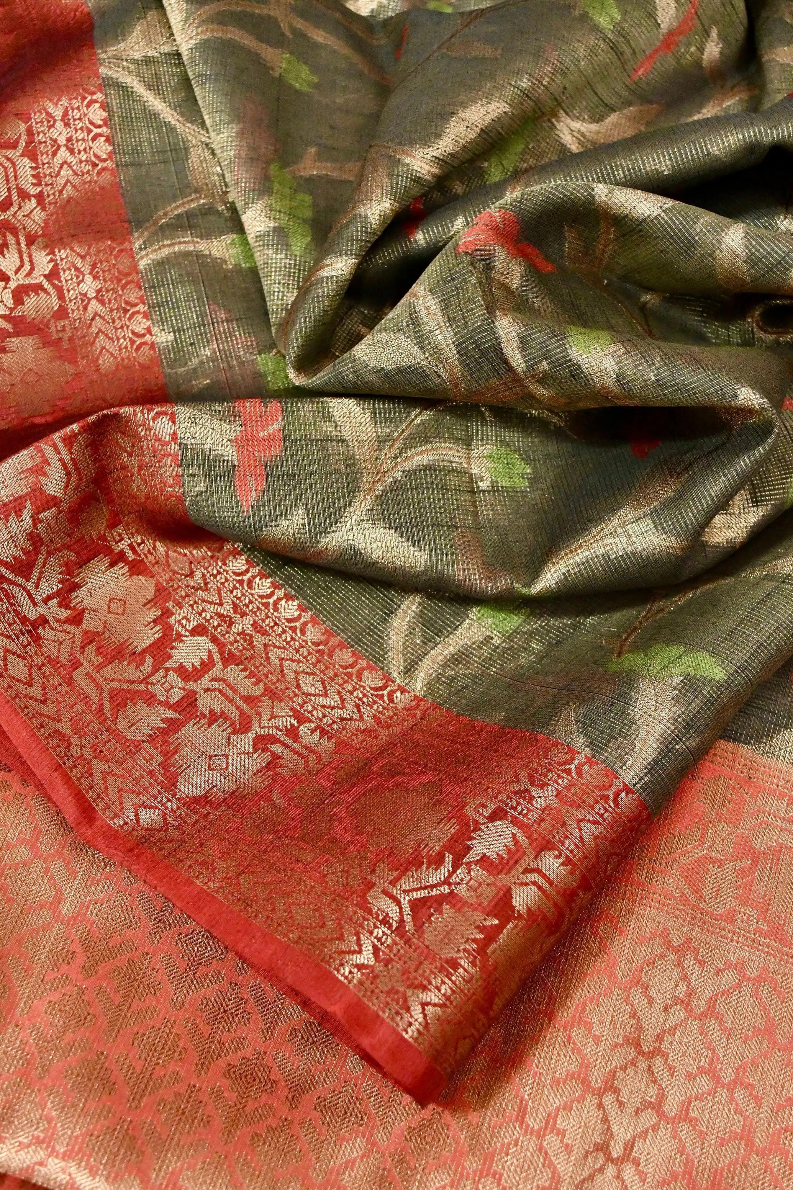 Dark Cement Color Tissue Kota Saree with Allover Jaal Work