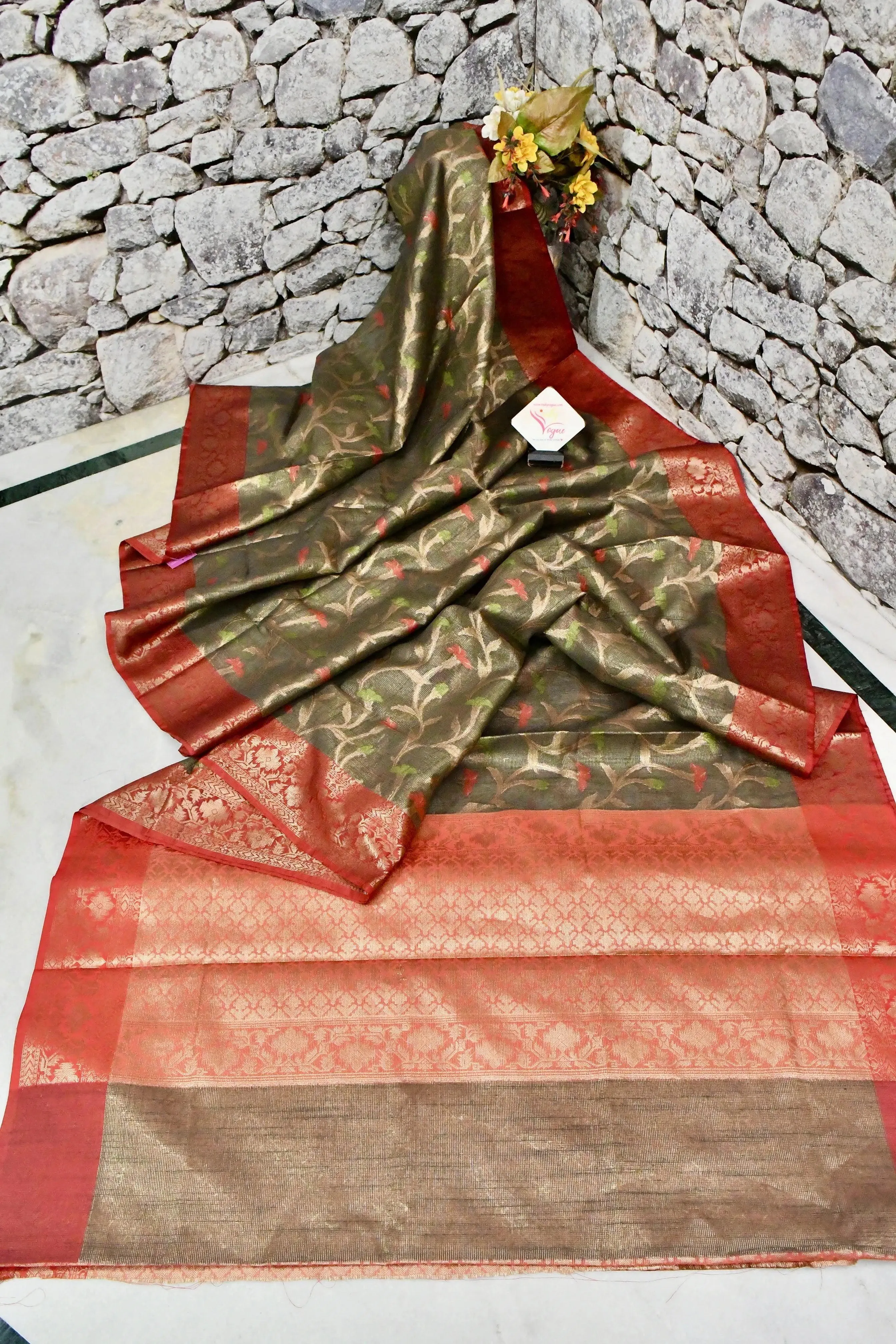 Dark Cement Color Tissue Kota Saree with Allover Jaal Work