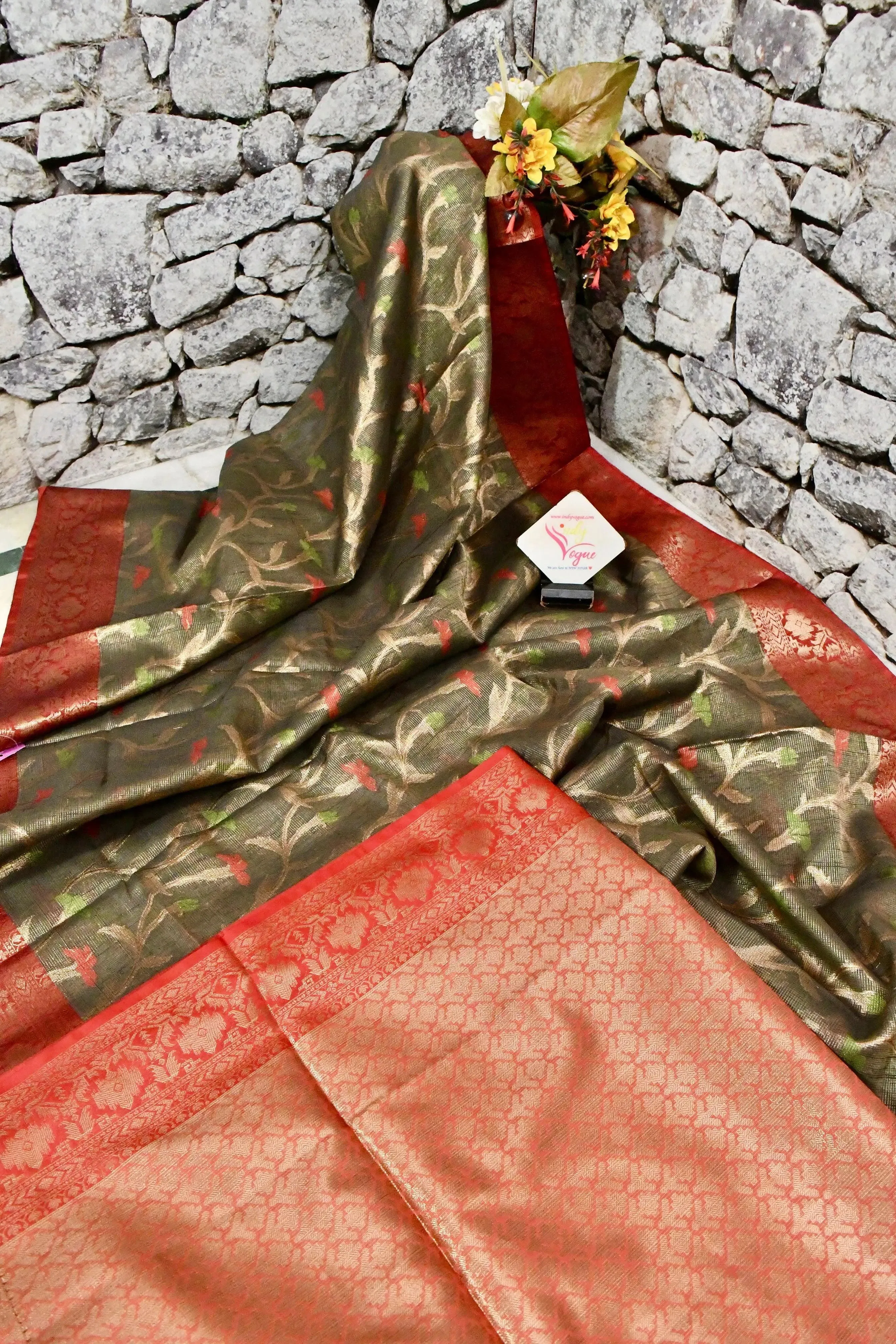 Dark Cement Color Tissue Kota Saree with Allover Jaal Work