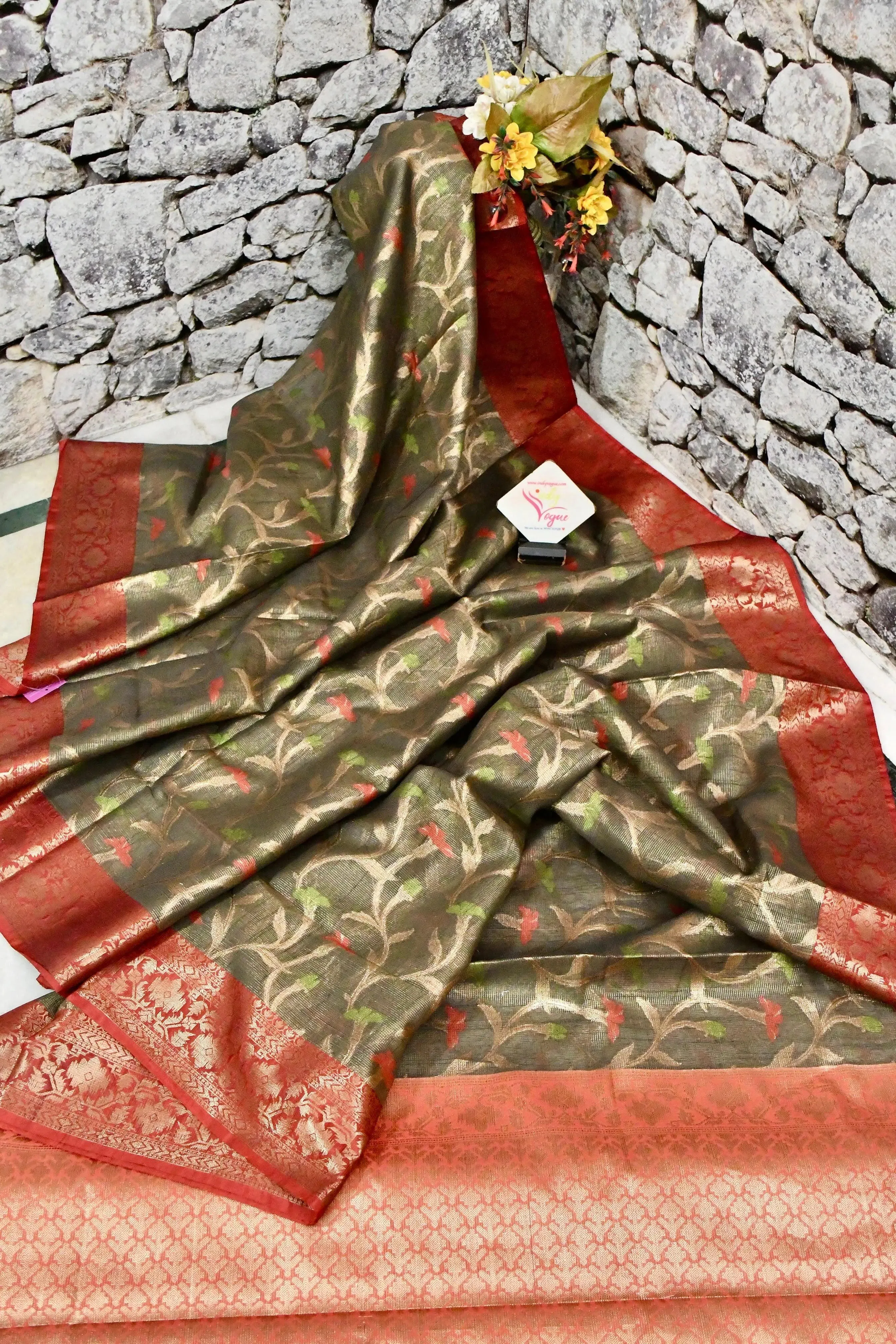 Dark Cement Color Tissue Kota Saree with Allover Jaal Work