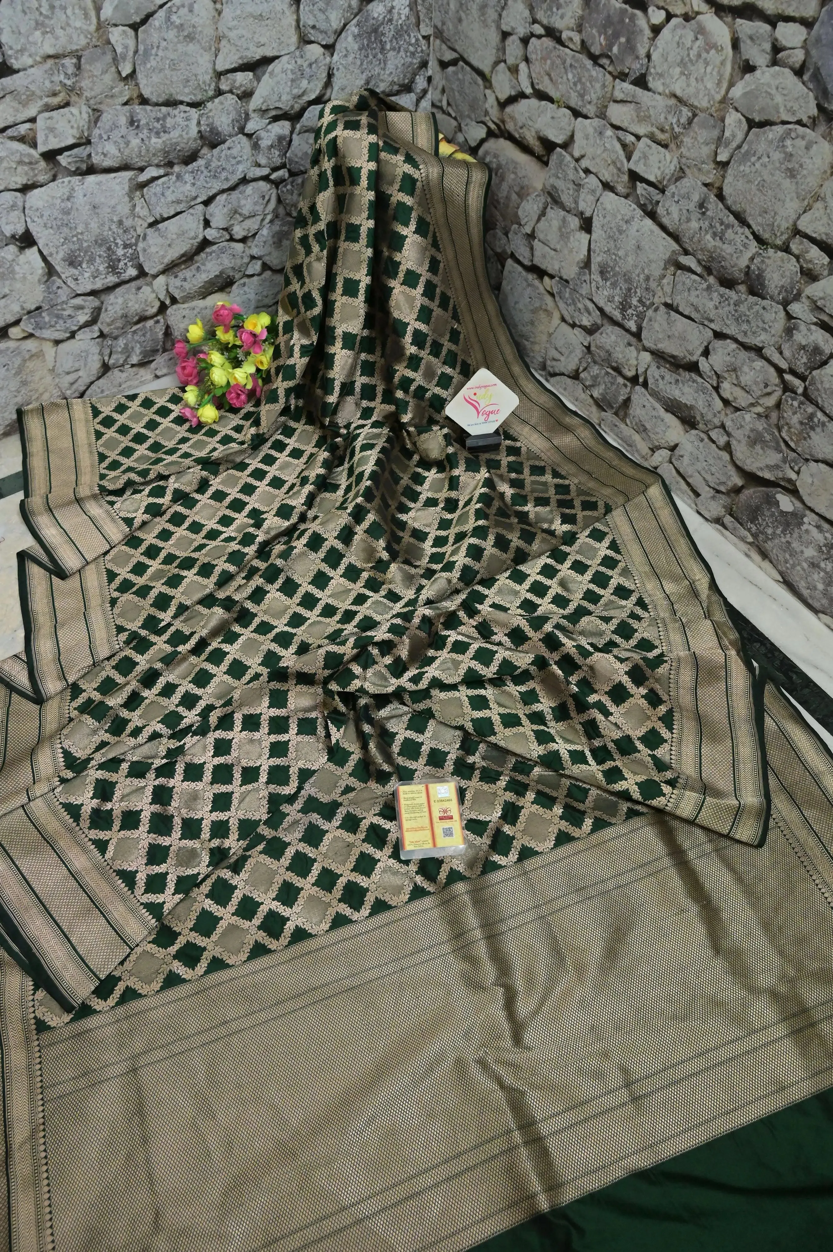 Dark Green Color Katan Banarasi Saree with Allover Jaal Work