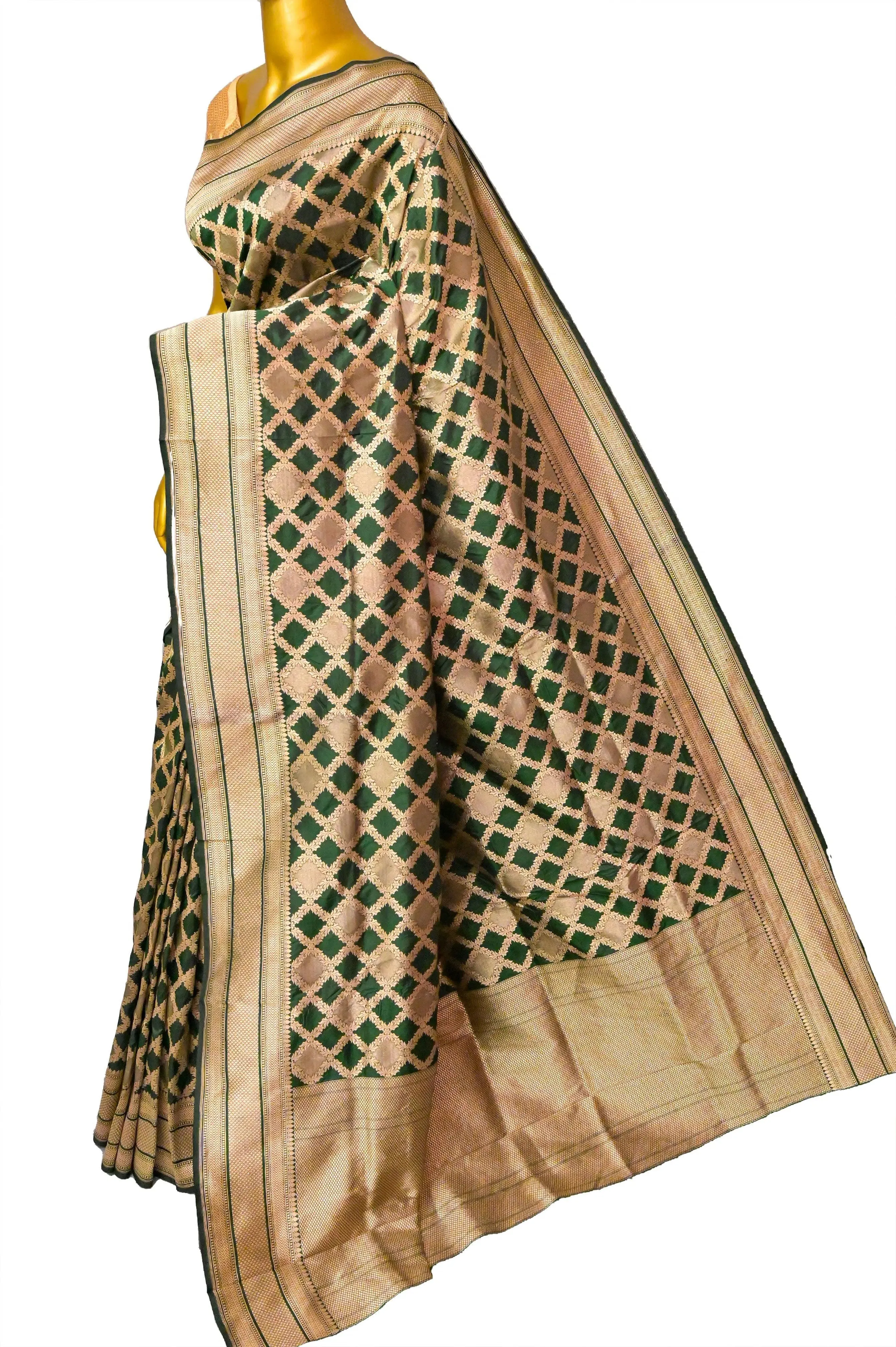 Dark Green Color Katan Banarasi Saree with Allover Jaal Work