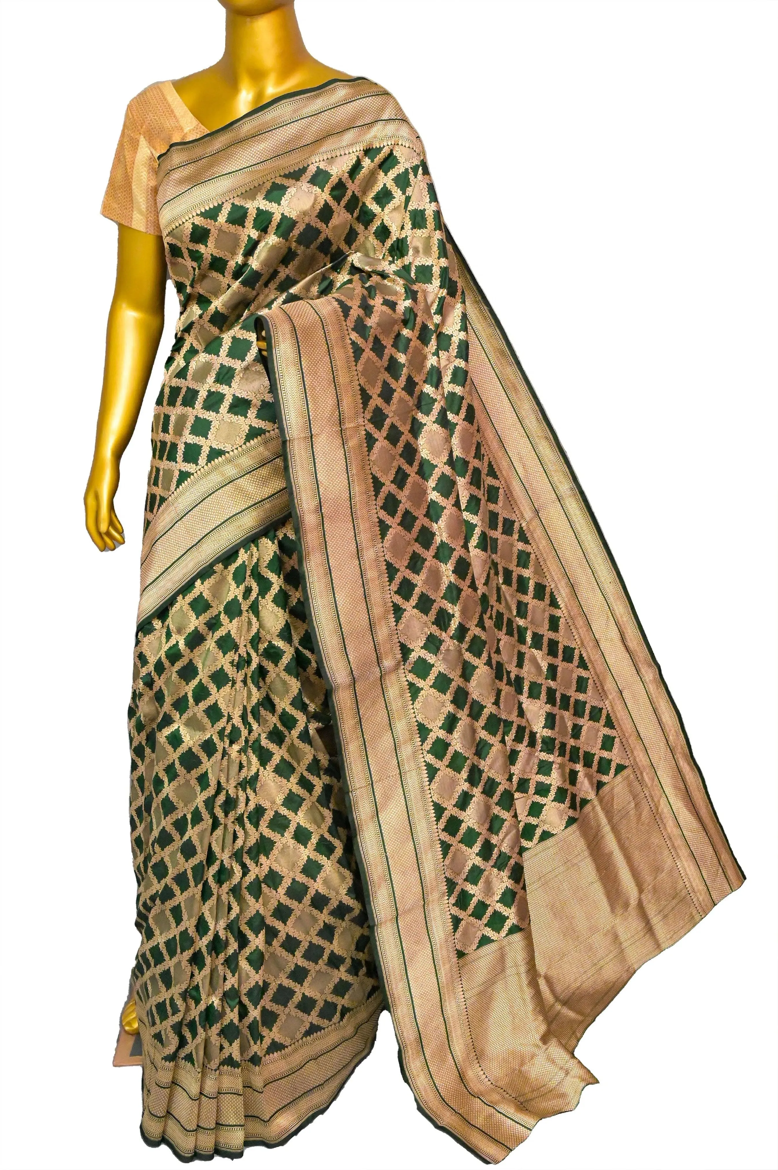 Dark Green Color Katan Banarasi Saree with Allover Jaal Work