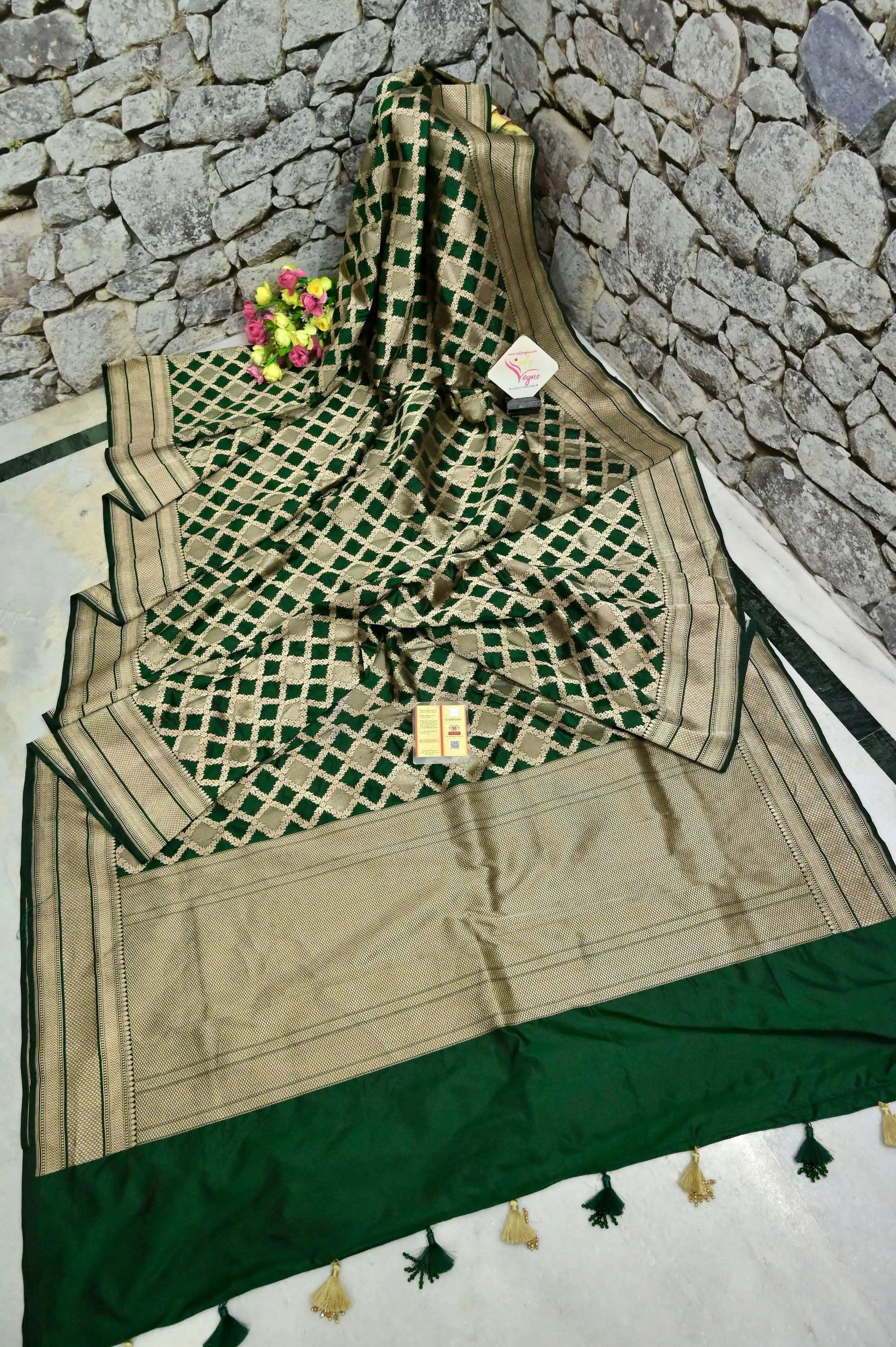 Dark Green Color Katan Banarasi Saree with Allover Jaal Work