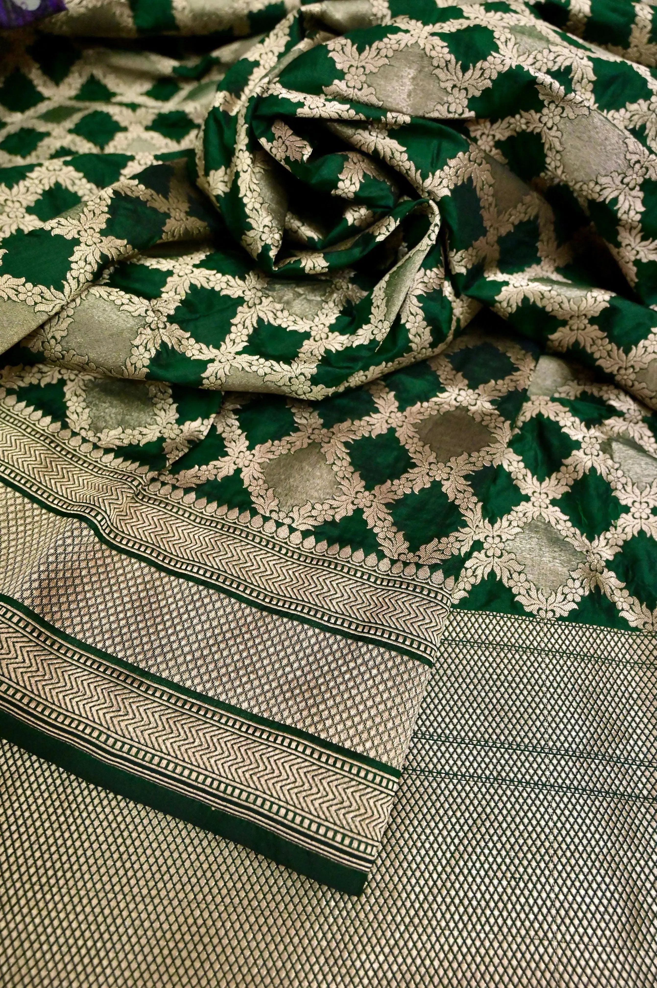 Dark Green Color Katan Banarasi Saree with Allover Jaal Work