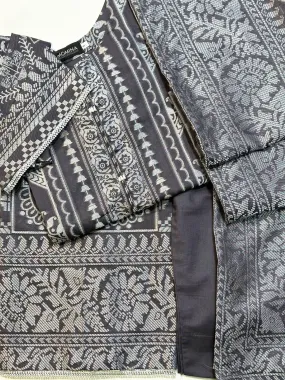 Dark Grey Banarsi Jacquard Casual 3-Piece Suit