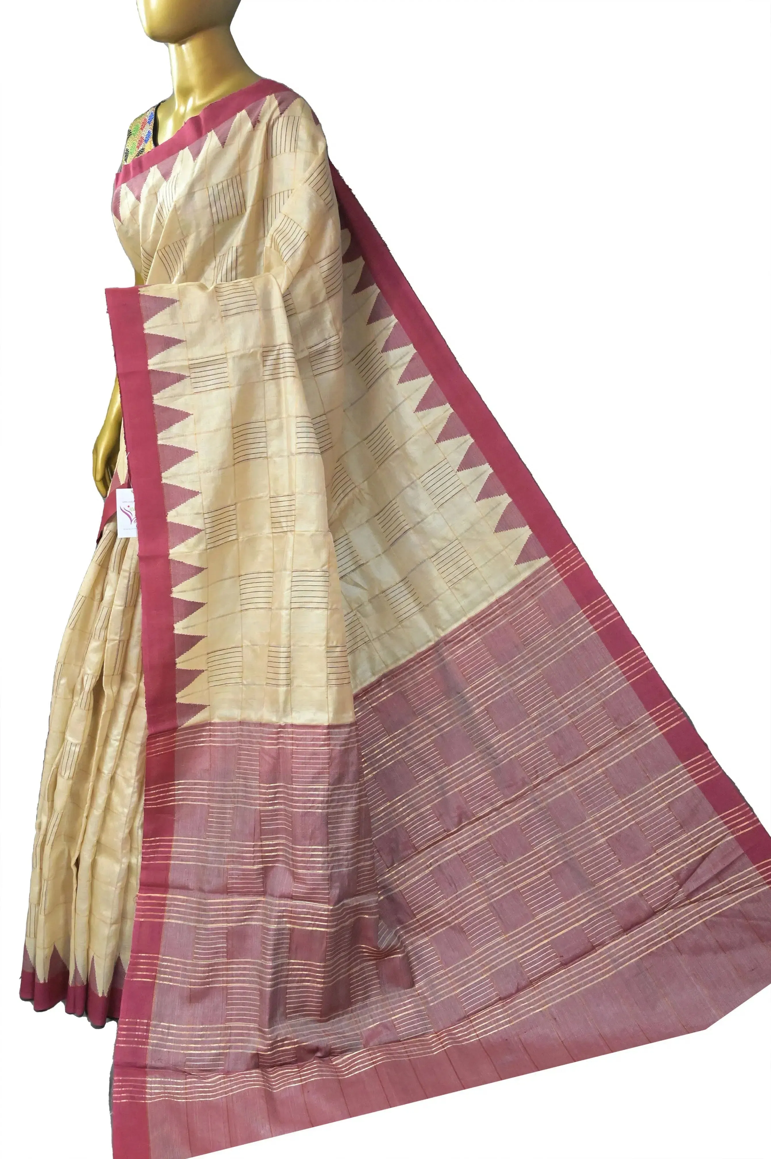 Dark Offwhite Pure Tussar Silk with Zari Checks and Temple Border