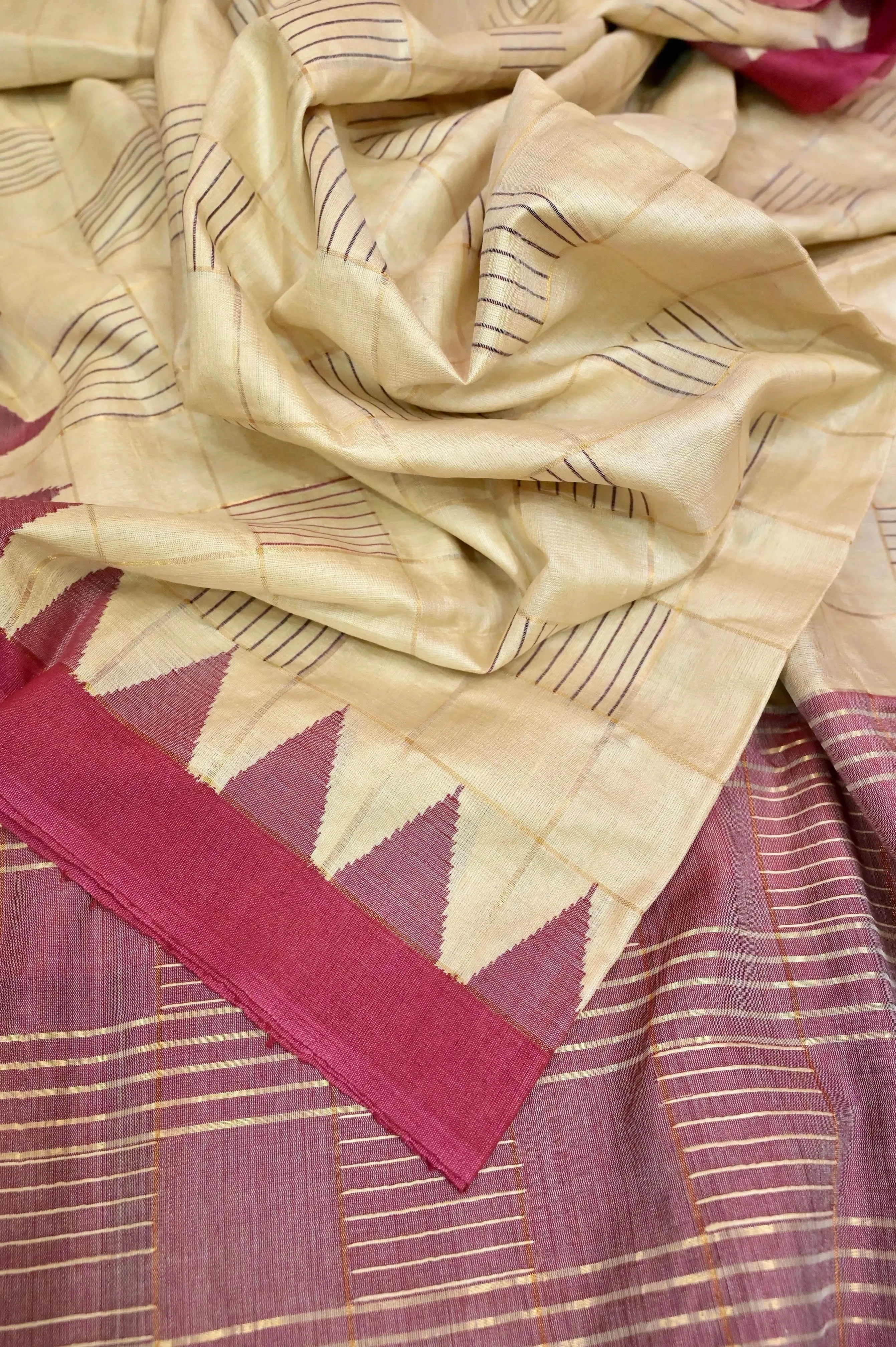 Dark Offwhite Pure Tussar Silk with Zari Checks and Temple Border