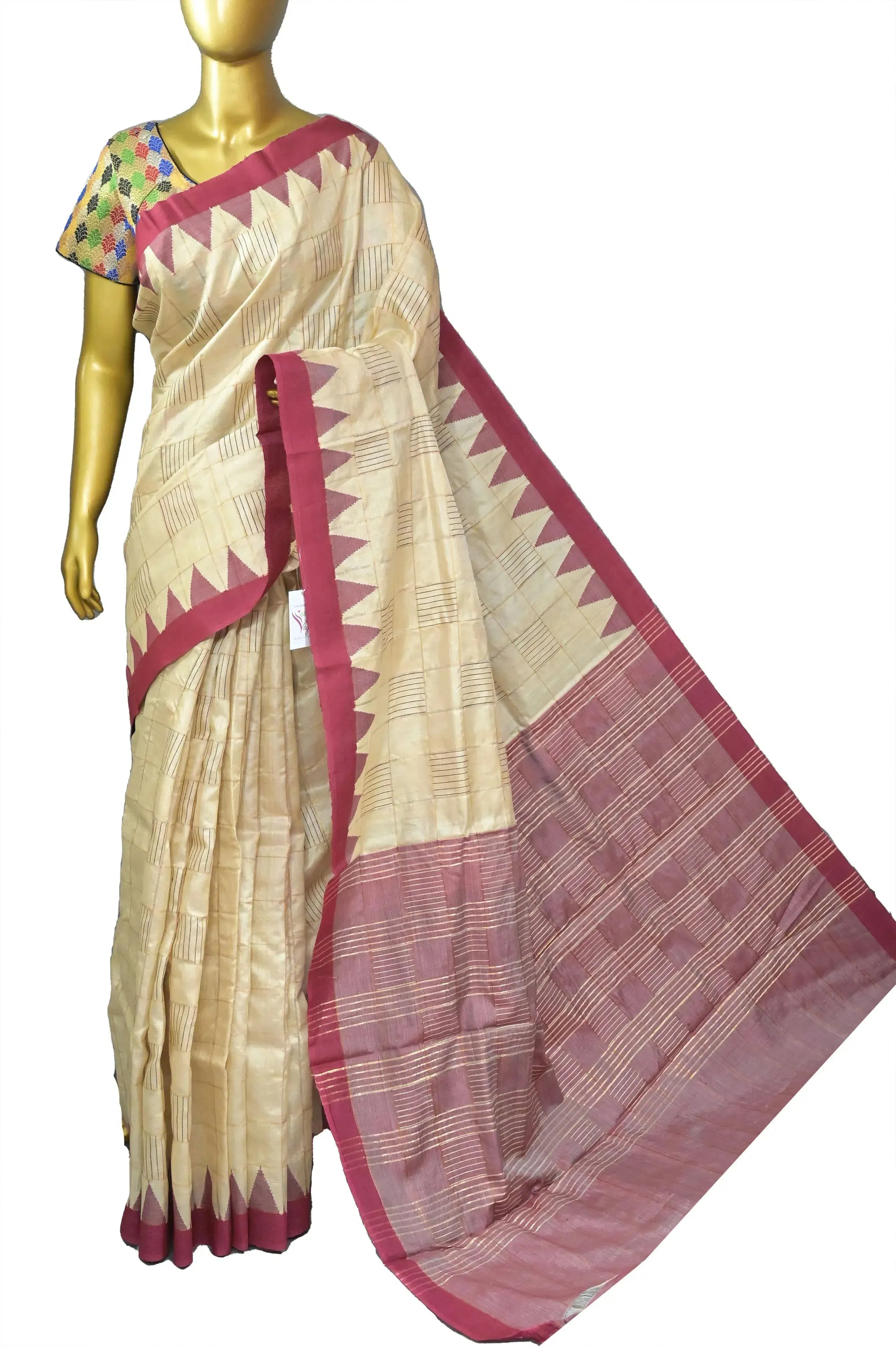 Dark Offwhite Pure Tussar Silk with Zari Checks and Temple Border