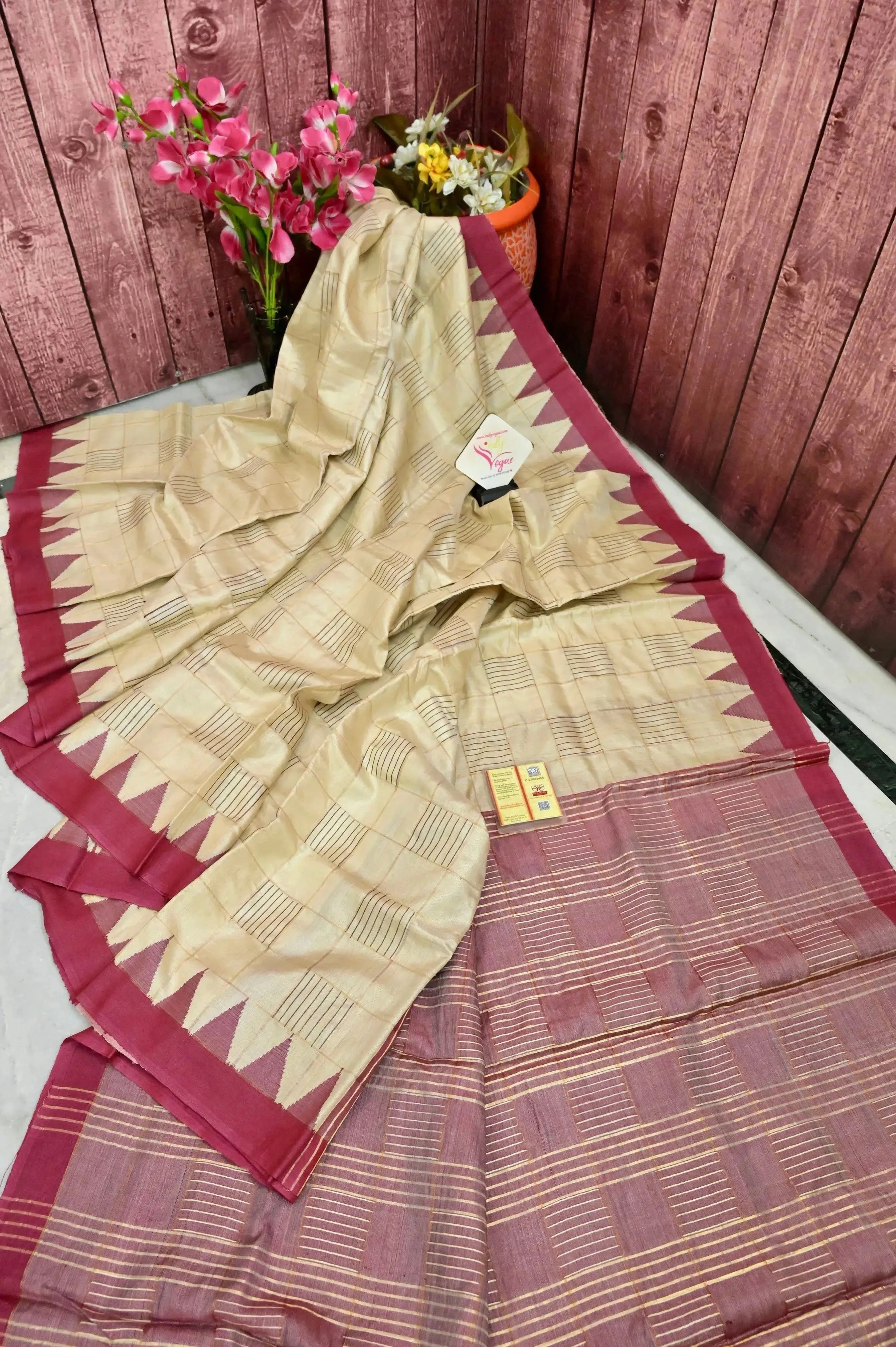 Dark Offwhite Pure Tussar Silk with Zari Checks and Temple Border