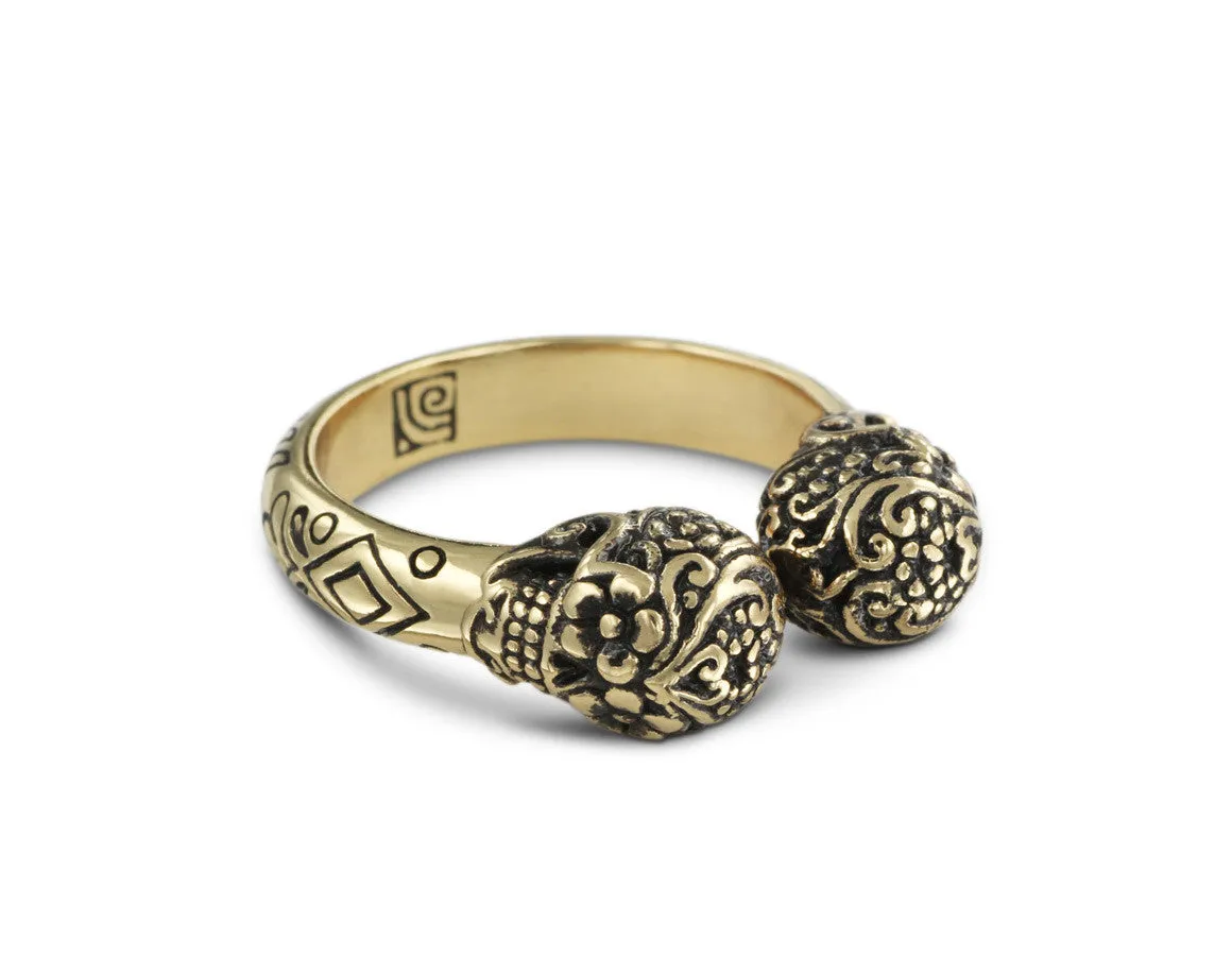 Day of the Dead Twin Skull Ring - Bronze