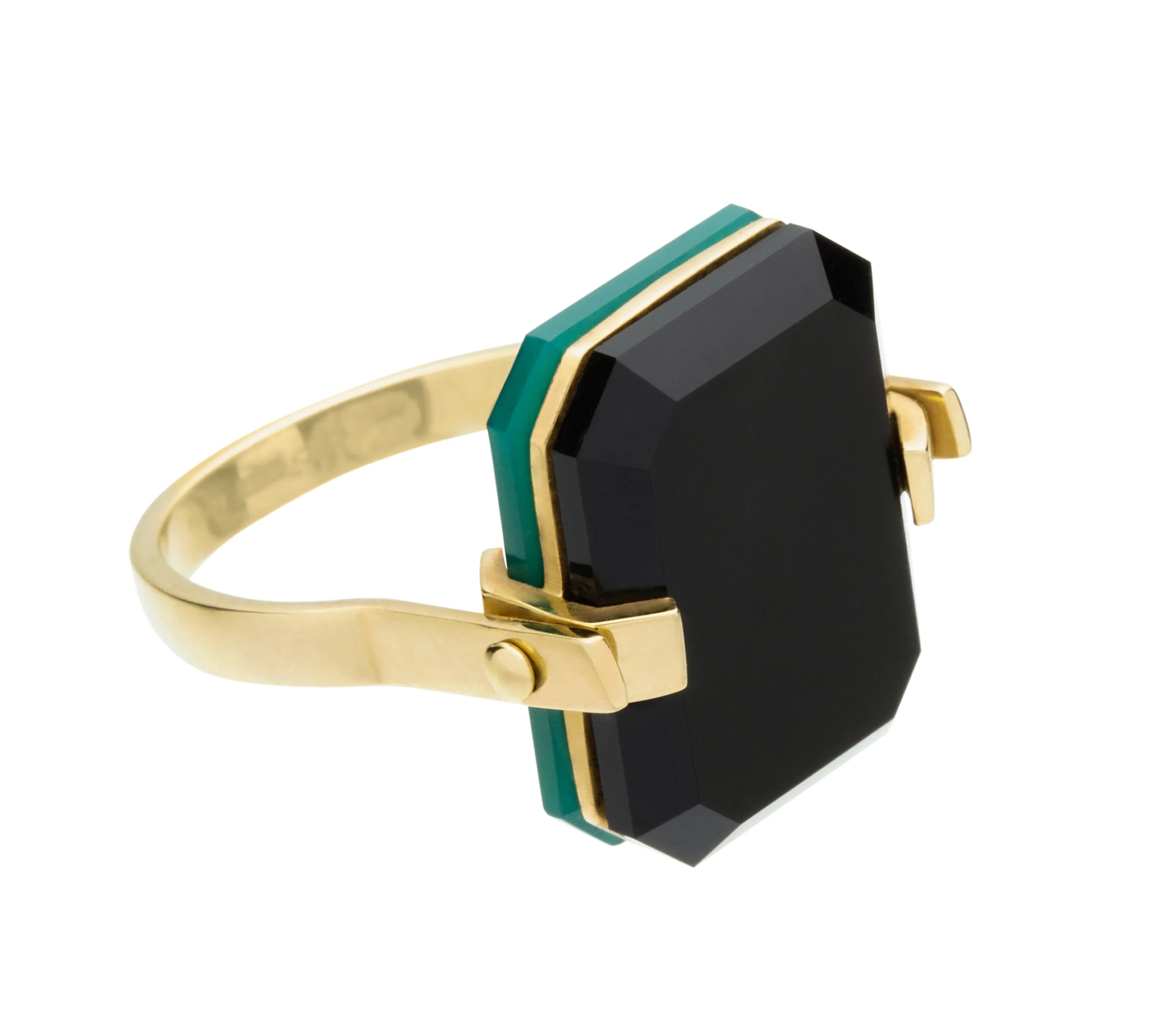 DECO SANDWICH GREEN   BLACK AGATE RING