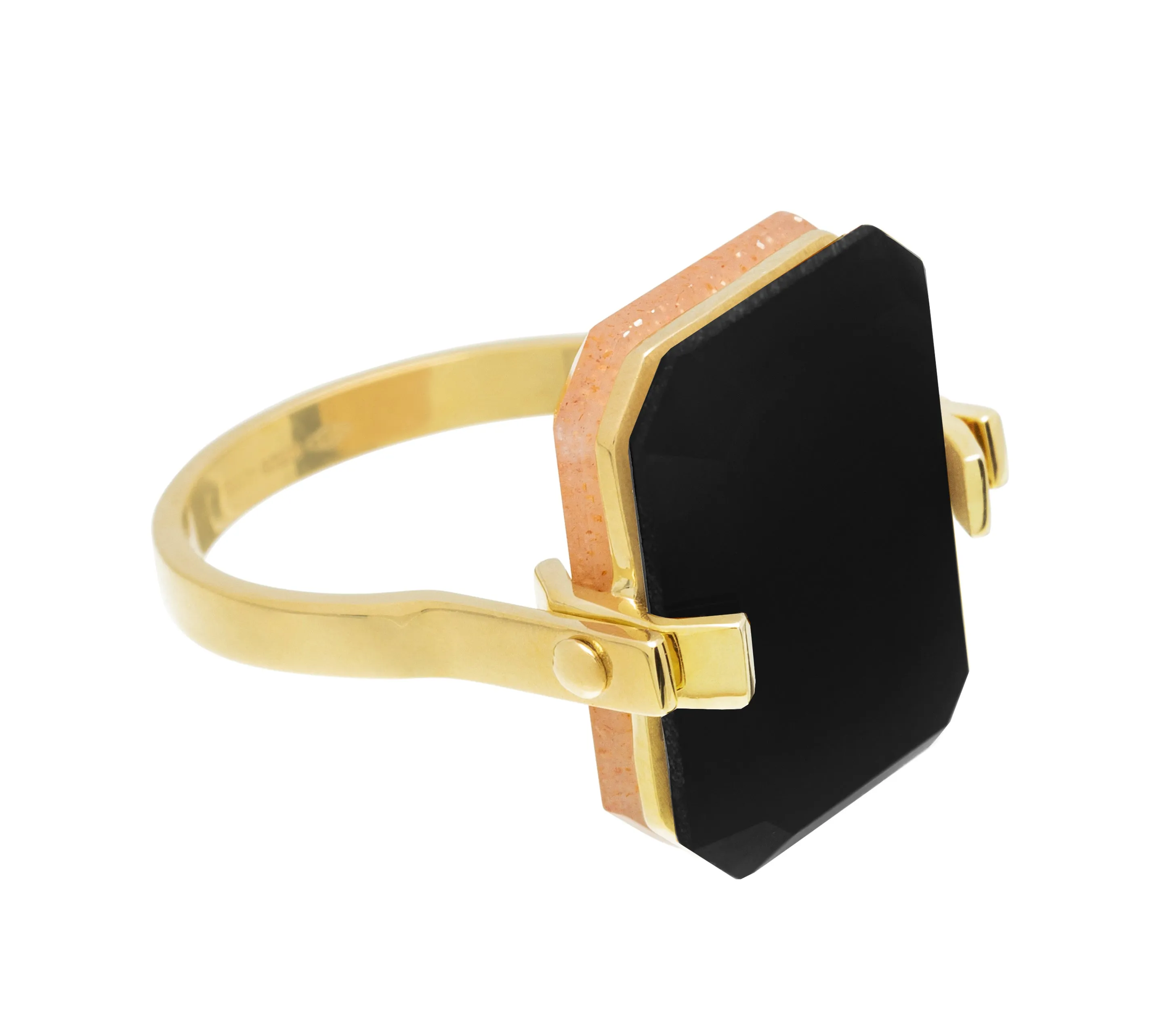 DECO SANDWICH SUNSTONE   BLACK AGATE RING