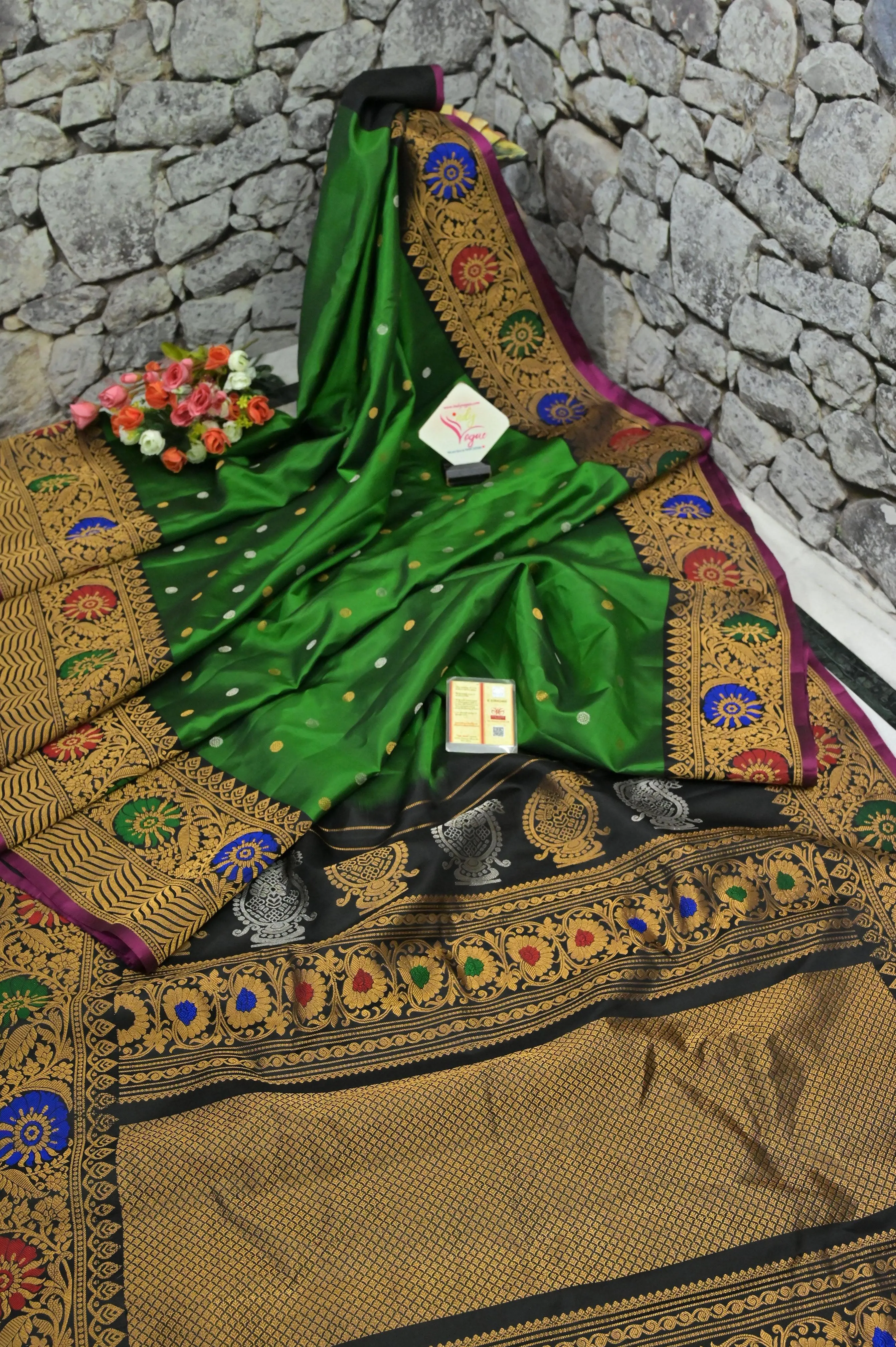 Deep Green Color Pure Gadwal Silk with Meenakari Pallu and Border