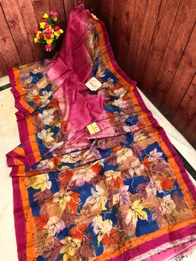 Deep Pink Color Bishnupur Silk Saree with Hand Batik