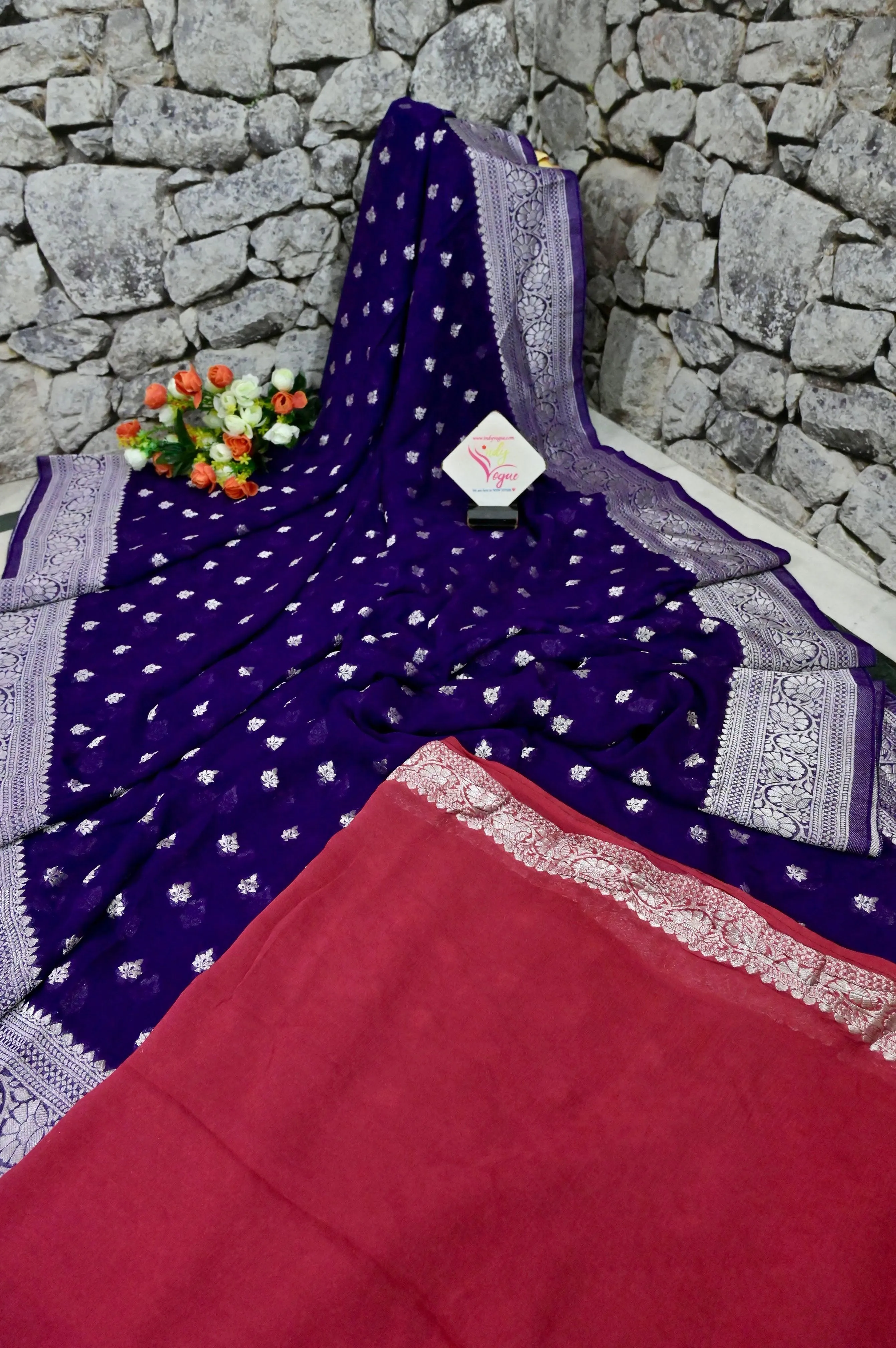 Deep Purple Color Georgette Banarasi Saree with Silver Zari Work Allover