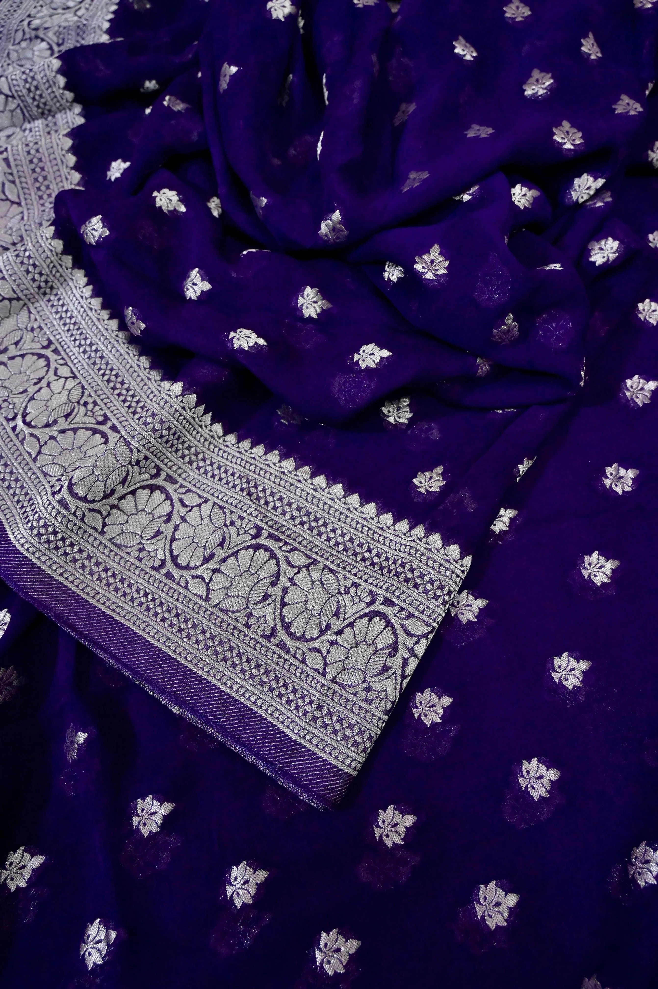 Deep Purple Color Georgette Banarasi Saree with Silver Zari Work Allover