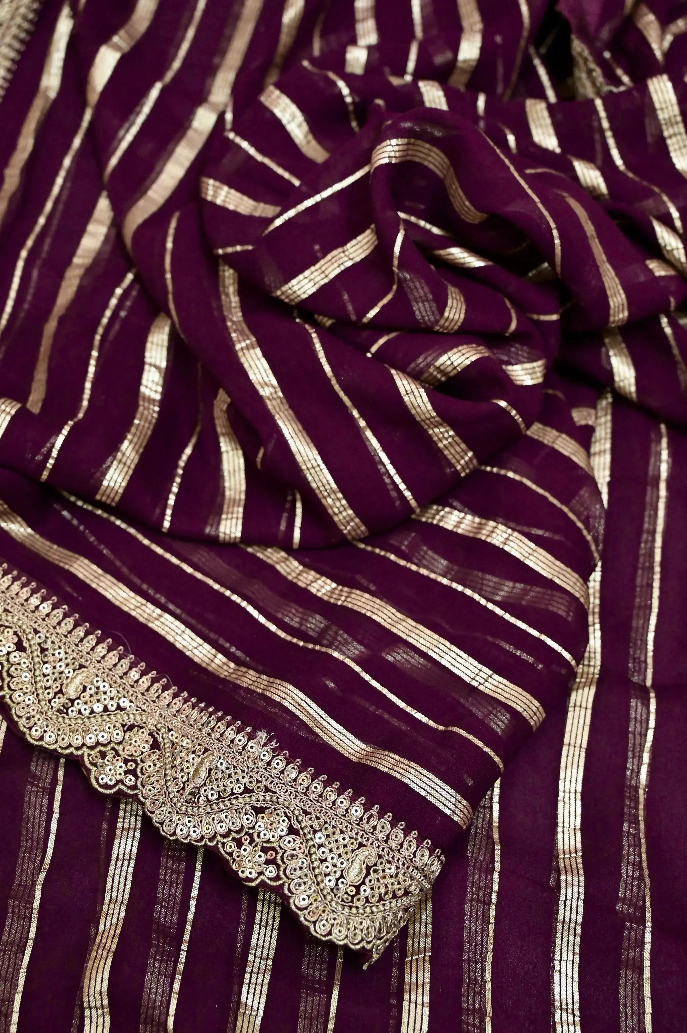 Deep Wine Color Georgette Saree with Sabyasachi Inspired Contrast Border