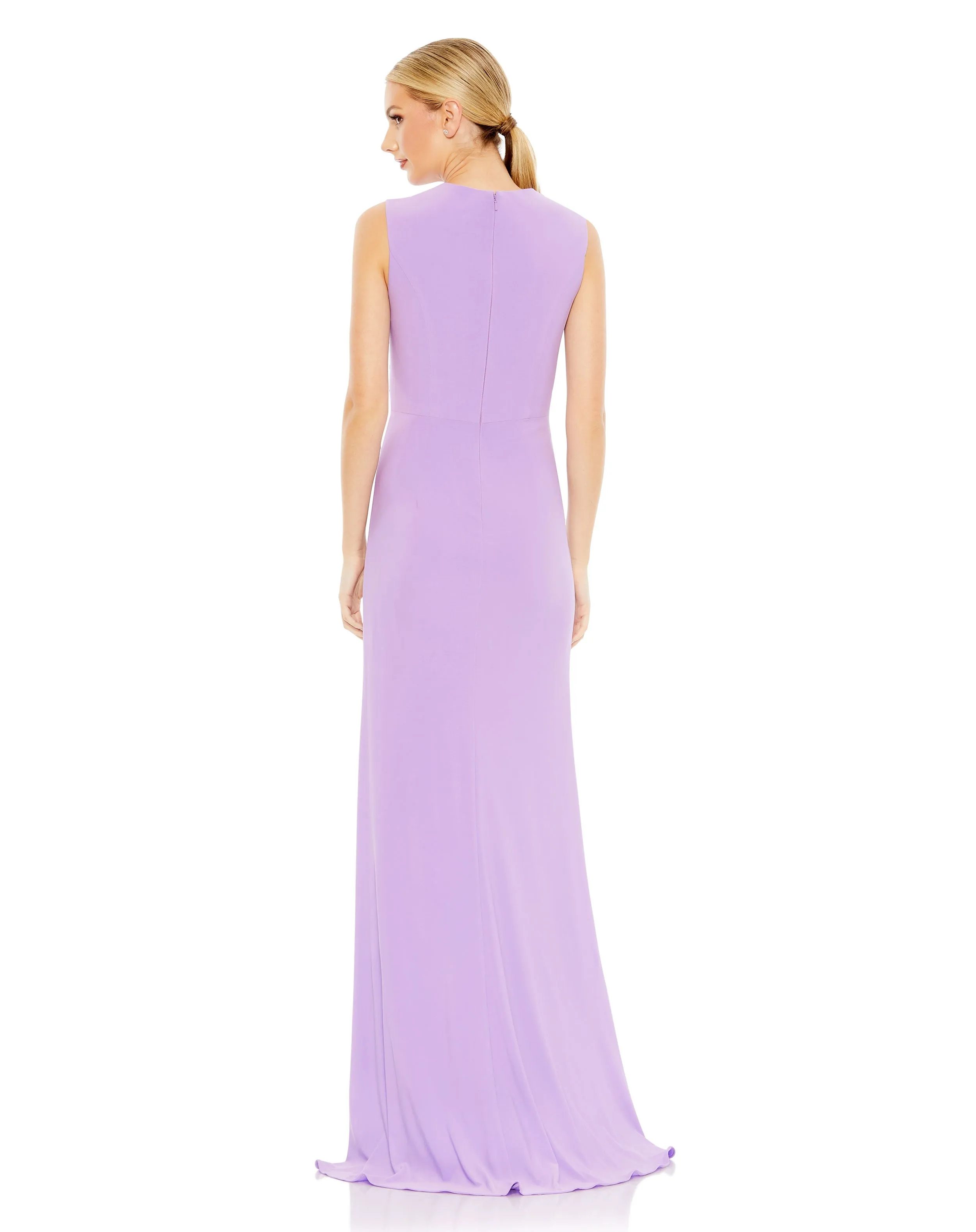 Draped Side Knot Jersey Gown w/ Rhinestone Ring