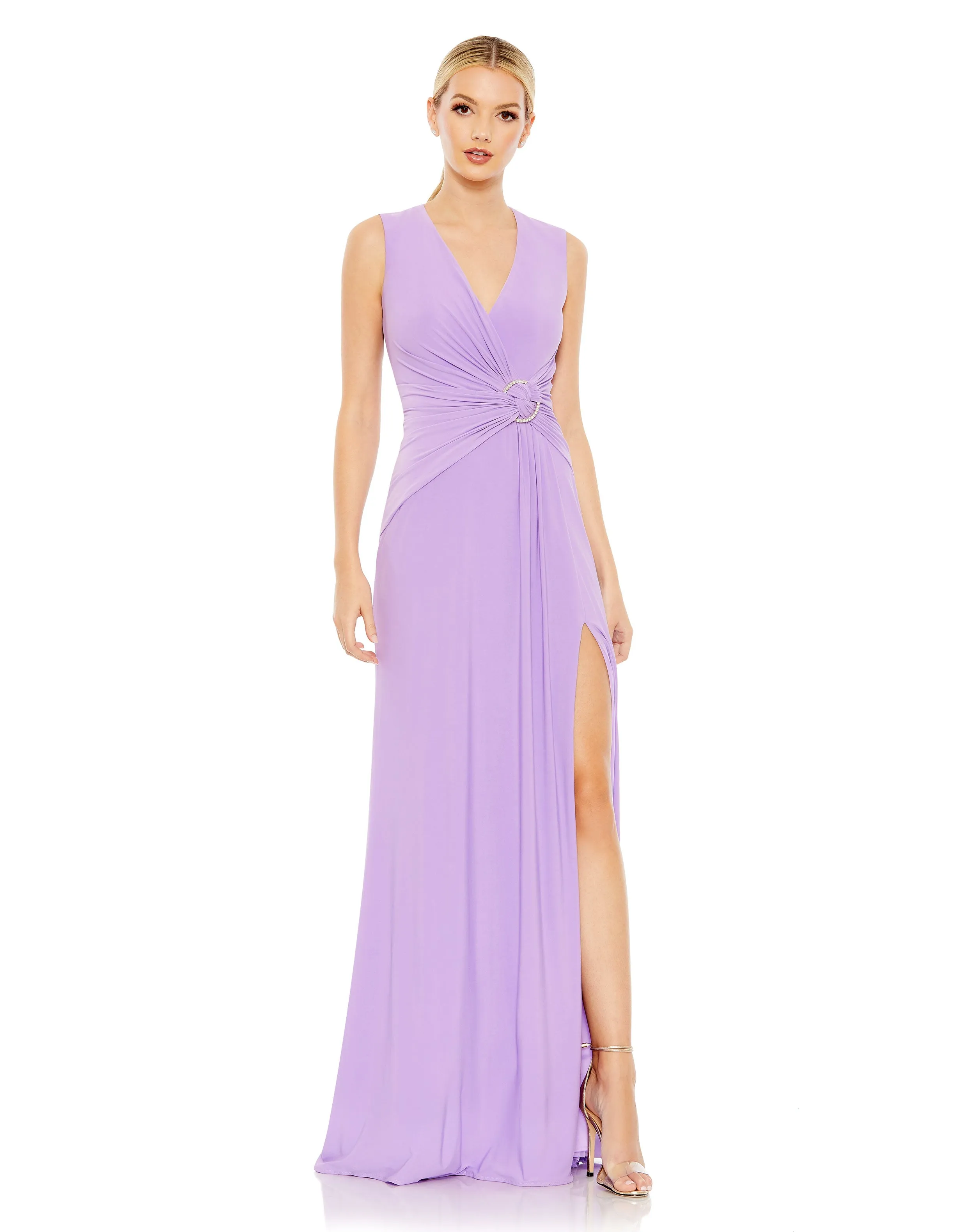 Draped Side Knot Jersey Gown w/ Rhinestone Ring