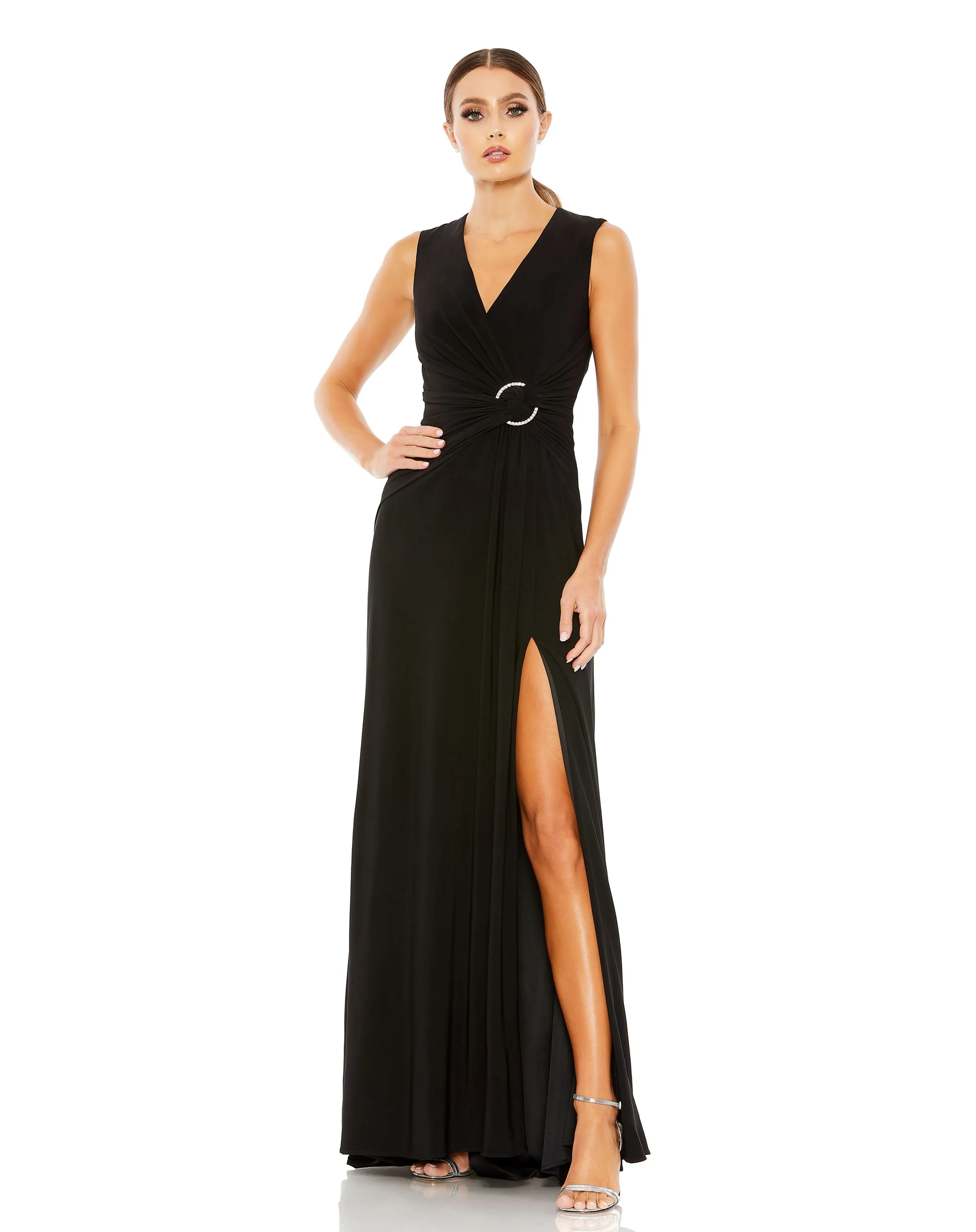 Draped Side Knot Jersey Gown w/ Rhinestone Ring