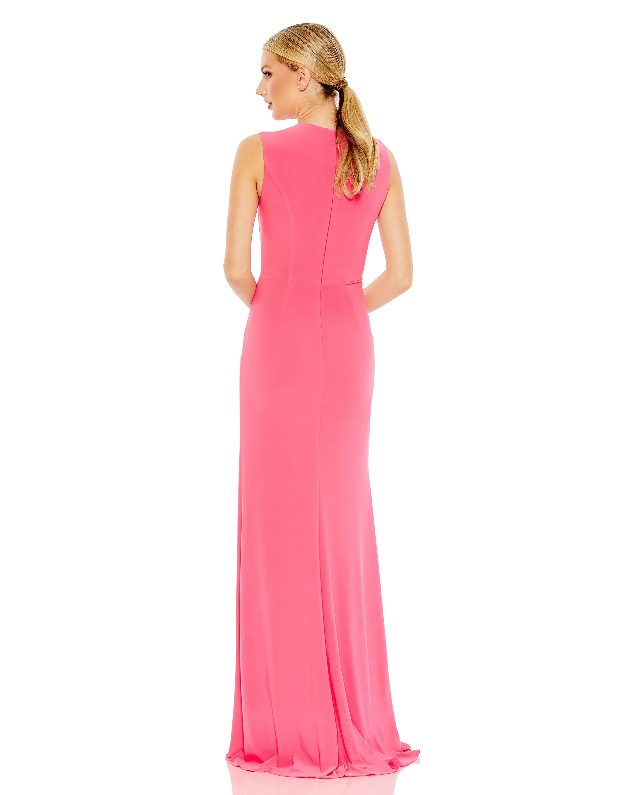 Draped Side Knot Jersey Gown w/ Rhinestone Ring