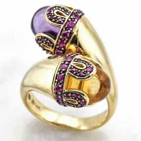 Estate 14K Yellow Gold Amethyst, Citrine, & Ruby Wrap Ring