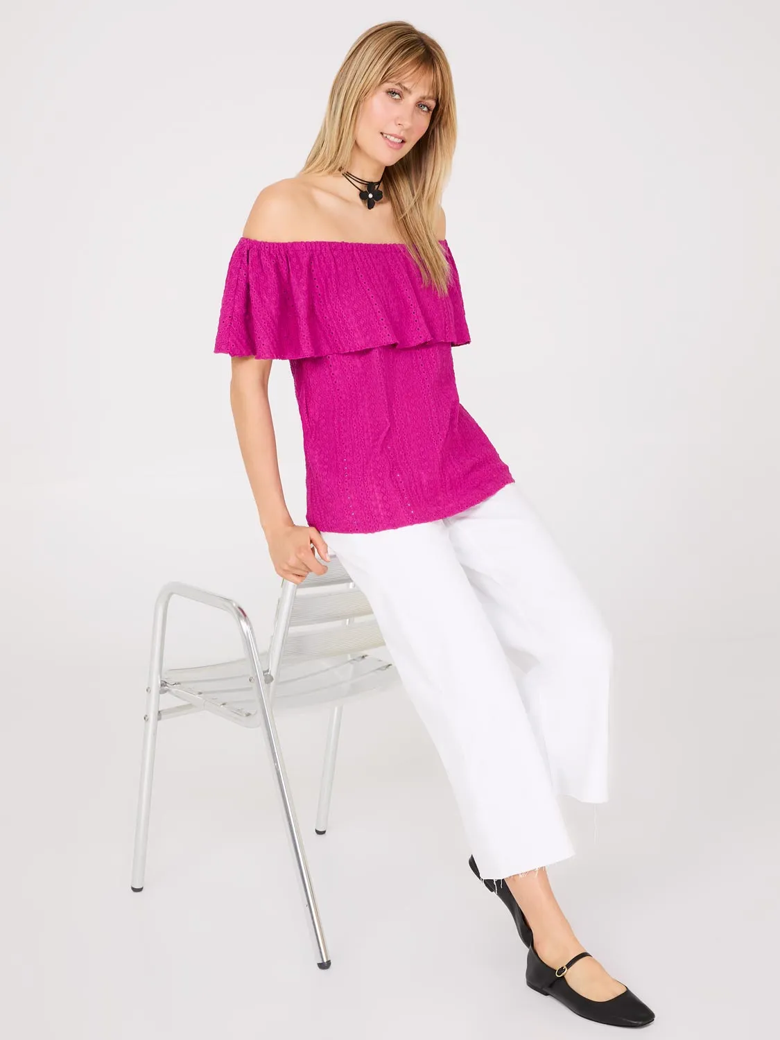 Eyelet Textured Off-The-Shoulder Top