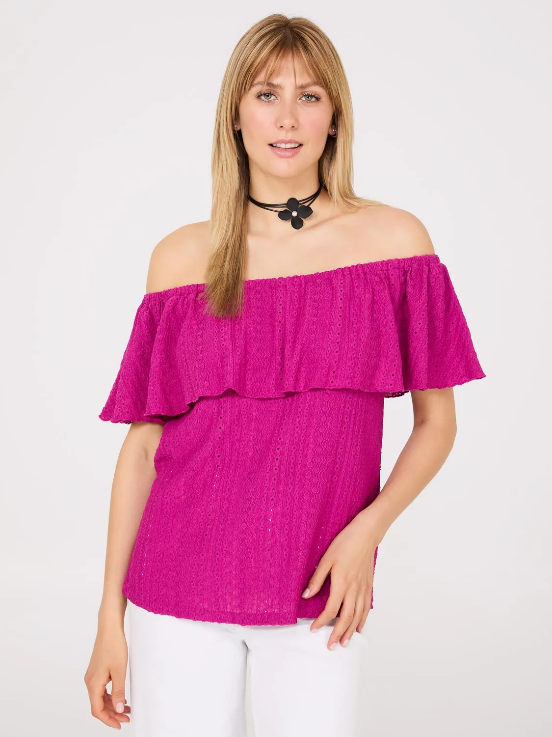 Eyelet Textured Off-The-Shoulder Top