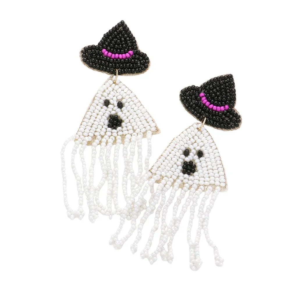 Felt Back Seed Beaded Witch Hat Ghost Fringe Dangle Earrings