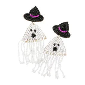 Felt Back Seed Beaded Witch Hat Ghost Fringe Dangle Earrings