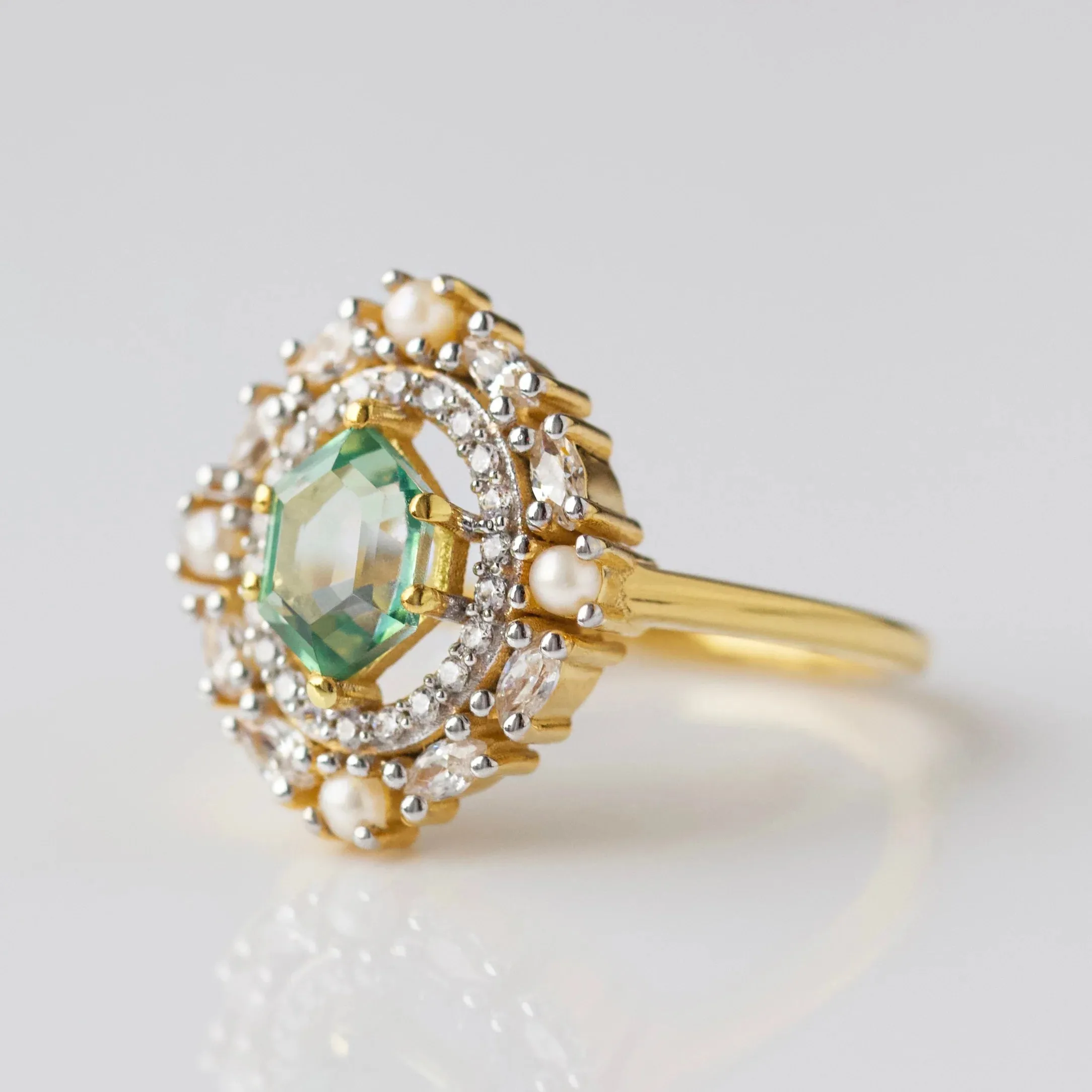 Fern Green Topaz Statement Ring with Pearl Halo