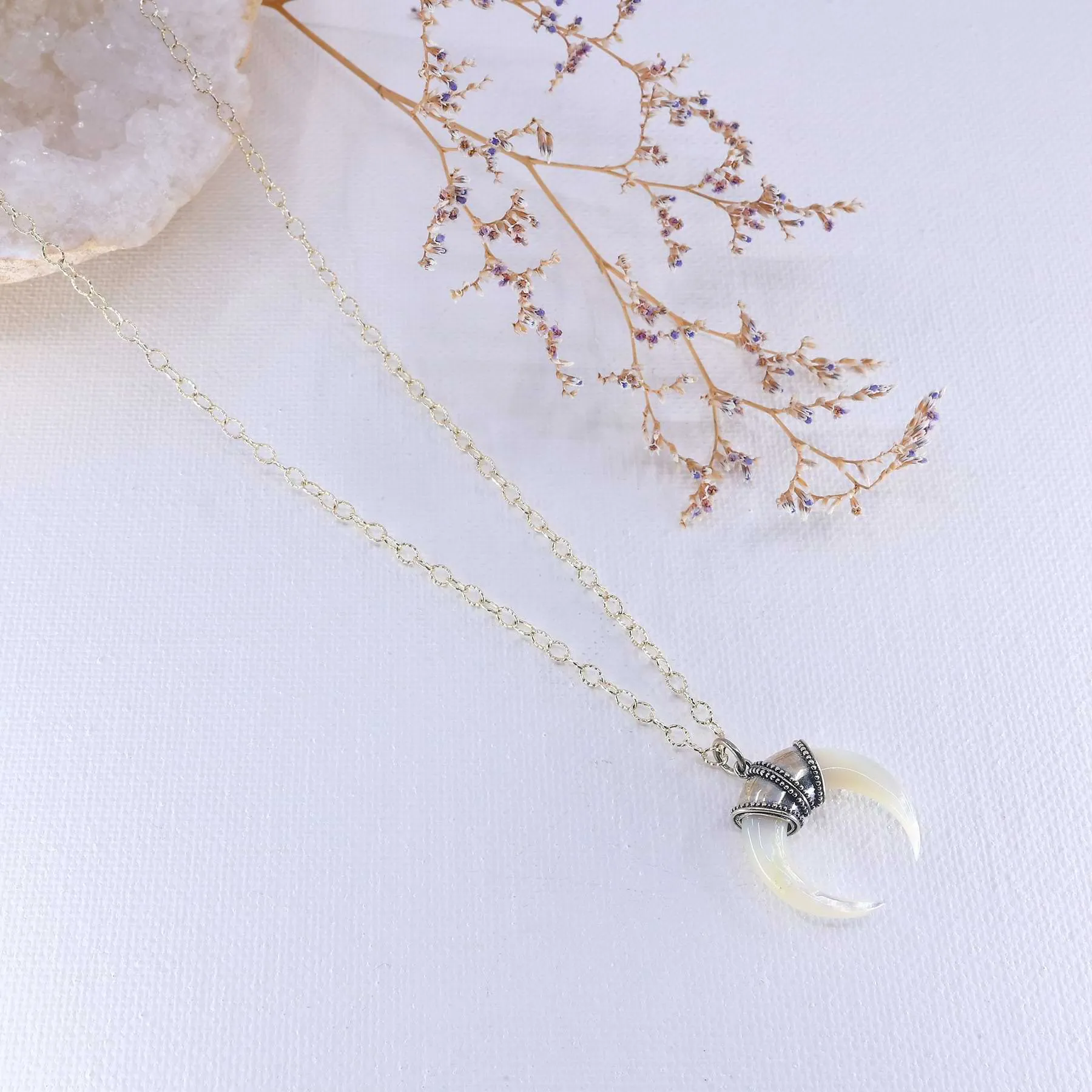 Fortuna - Mother of Pearl Double Horn Crescent Moon Necklace