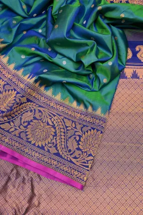 Green and Blue Dual Tone Pure Gadwal Silk Saree with Golden Buti Work