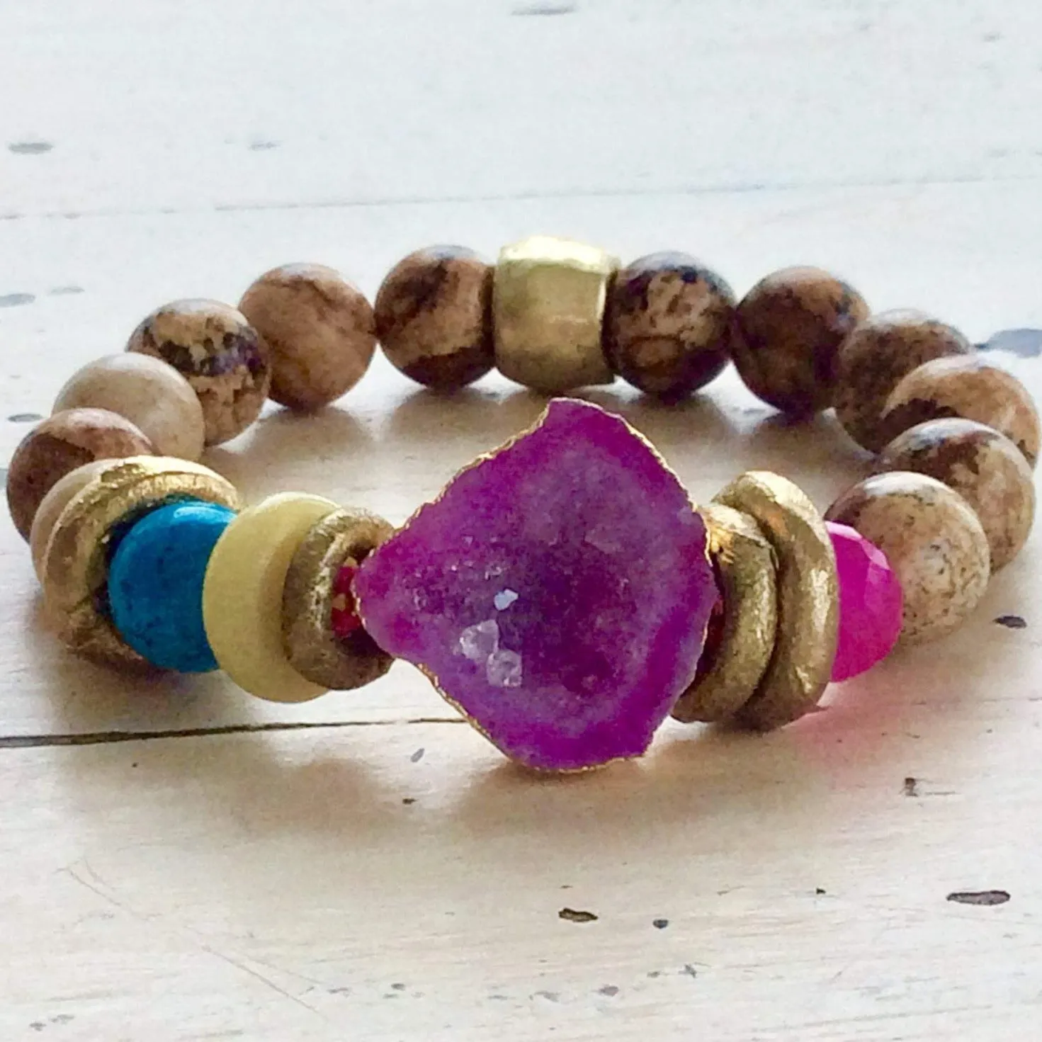 Hot Pink Quartz bracelet Druzy Crystal Gemstone, Natural Jasper Bracelet