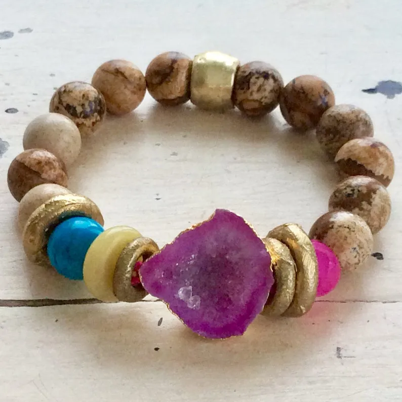 Hot Pink Quartz bracelet Druzy Crystal Gemstone, Natural Jasper Bracelet