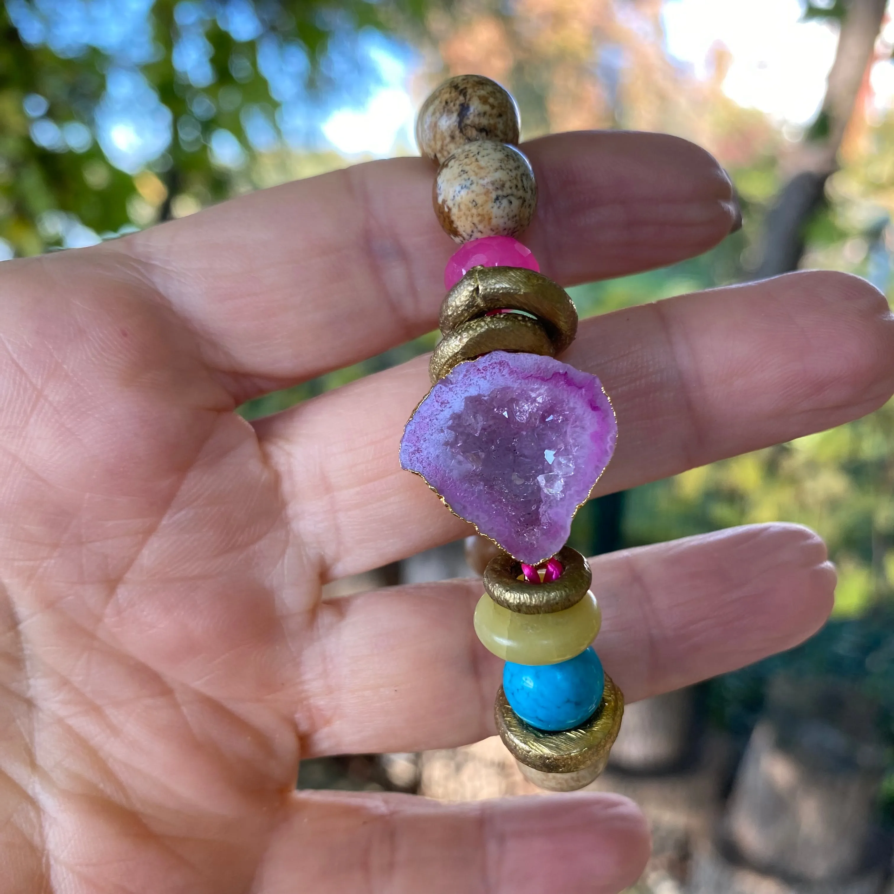 Hot Pink Quartz bracelet Druzy Crystal Gemstone, Natural Jasper Bracelet