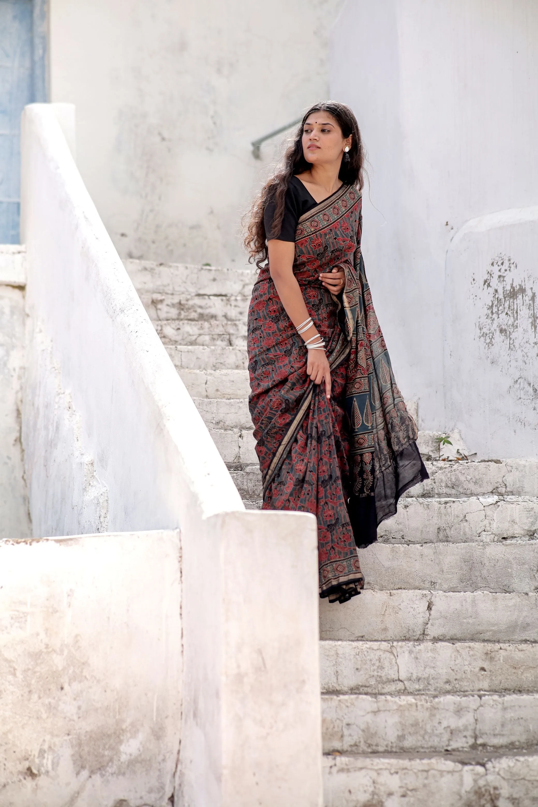 Jharokha -Blue and Red geometric silk cotton Ajrakh handblockprinted saree