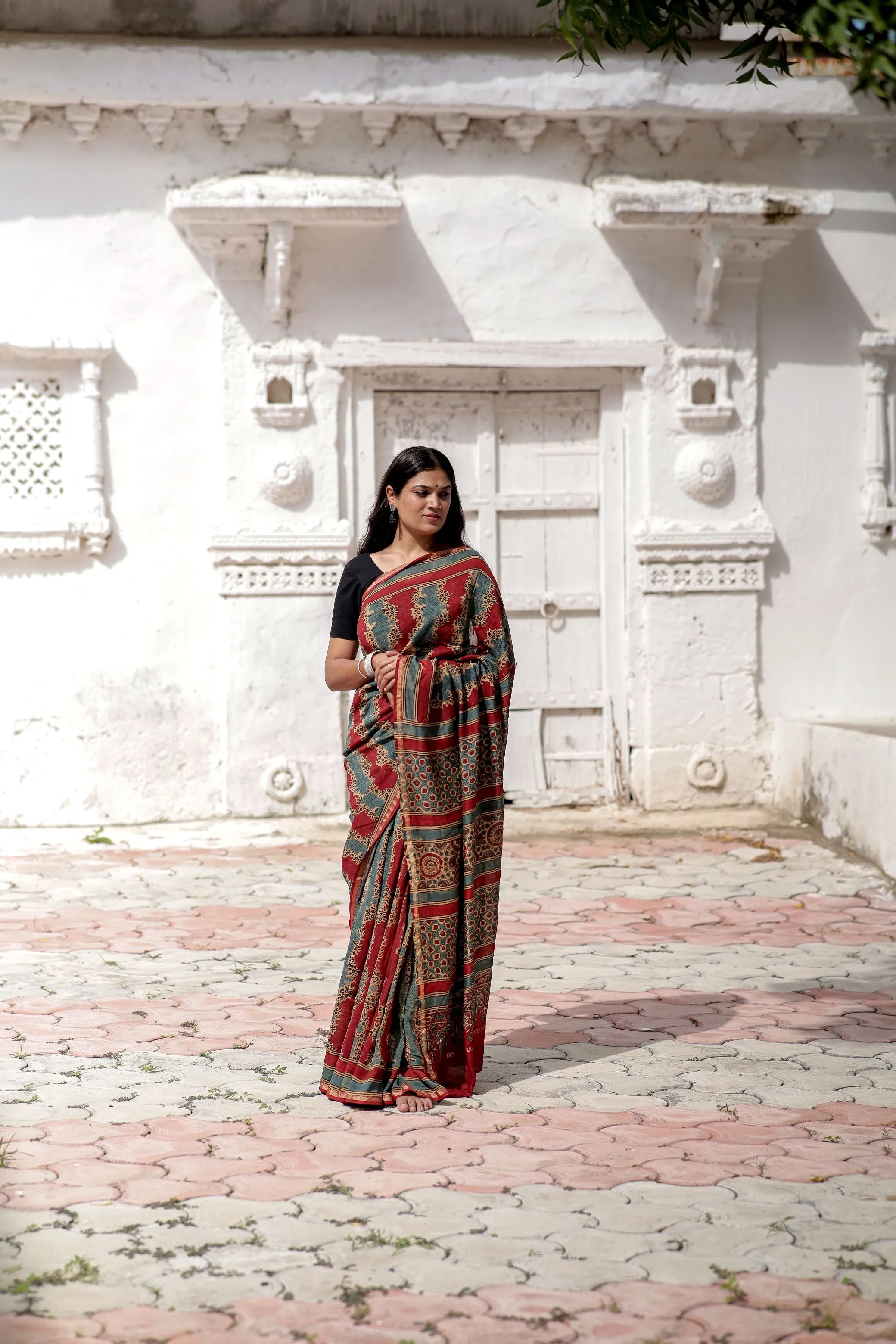 Jharokha -Blue and Red geometric silk cotton Ajrakh handblockprinted saree