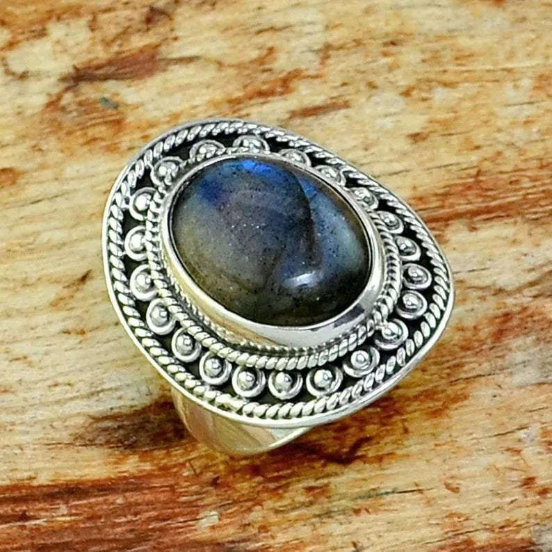 Labradorite Oval Shaped 925 Sterling Silver Statement Ring, Handcrafted Jewelry, For Her