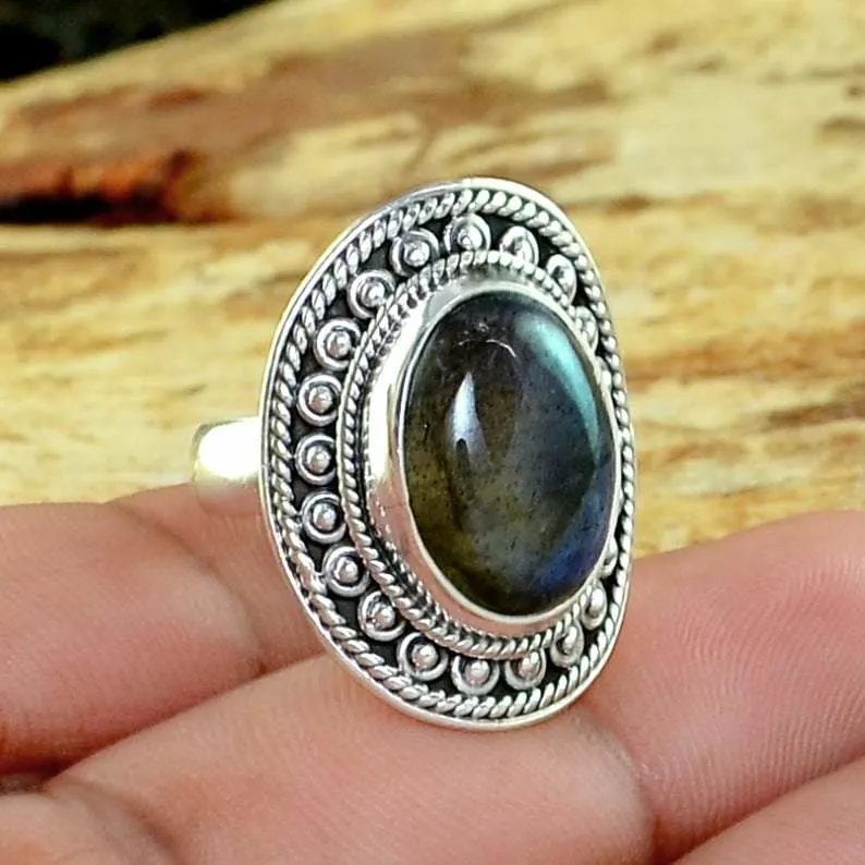 Labradorite Oval Shaped 925 Sterling Silver Statement Ring, Handcrafted Jewelry, For Her