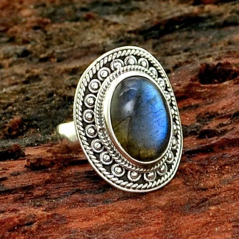 Labradorite Oval Shaped 925 Sterling Silver Statement Ring, Handcrafted Jewelry, For Her