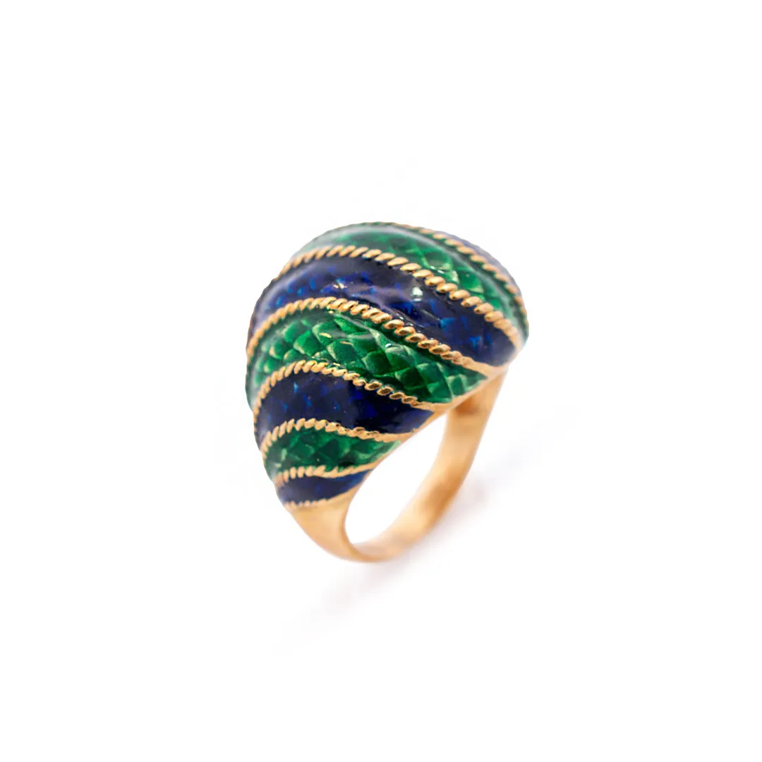 Ladies Vintage 18K Yellow Gold Blue & Green Enamel Ring