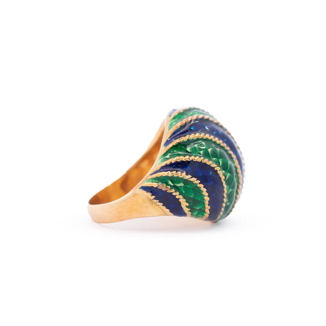 Ladies Vintage 18K Yellow Gold Blue & Green Enamel Ring