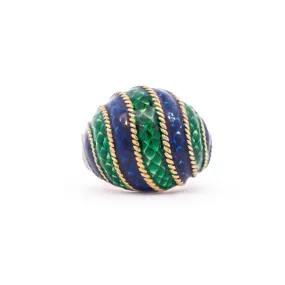 Ladies Vintage 18K Yellow Gold Blue & Green Enamel Ring