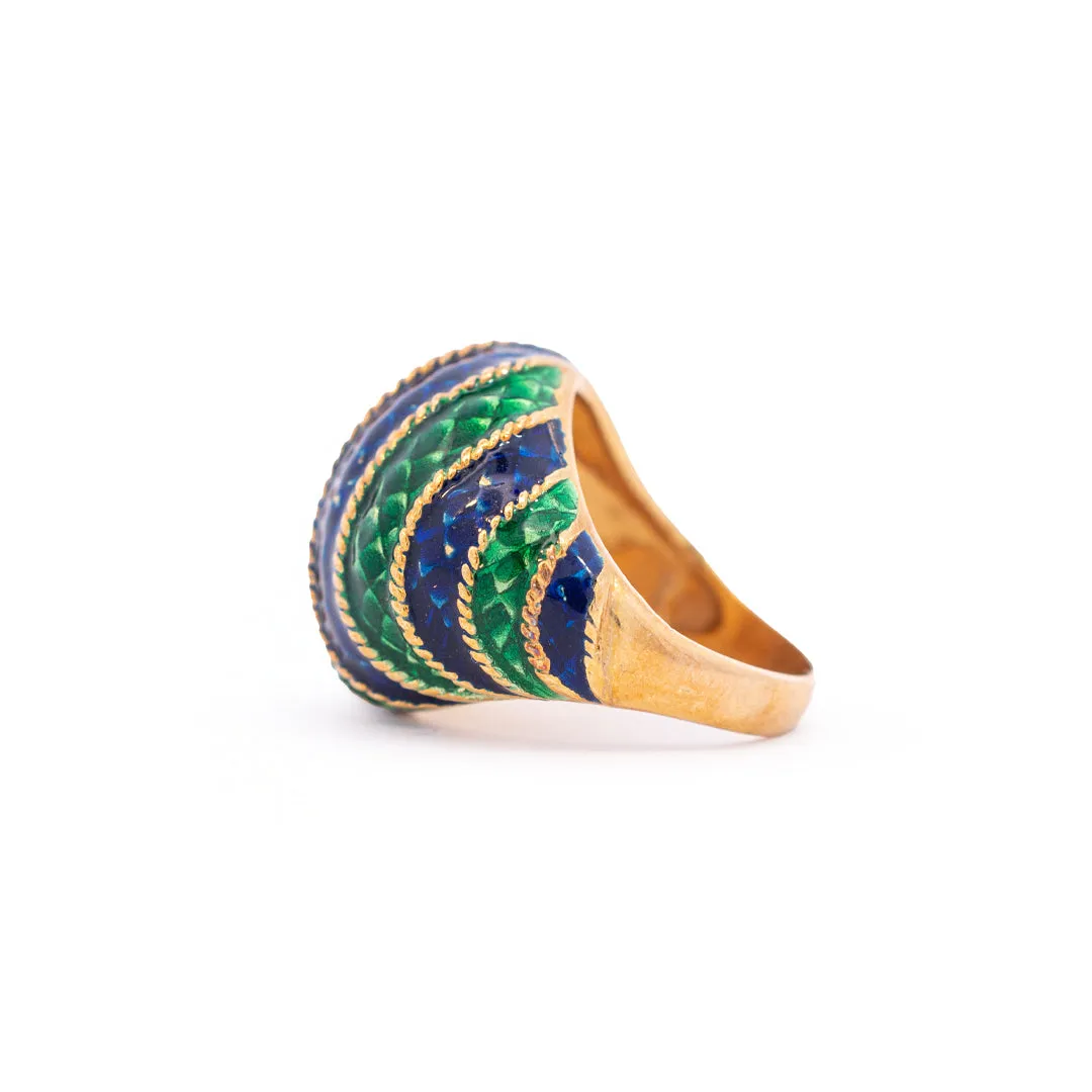 Ladies Vintage 18K Yellow Gold Blue & Green Enamel Ring