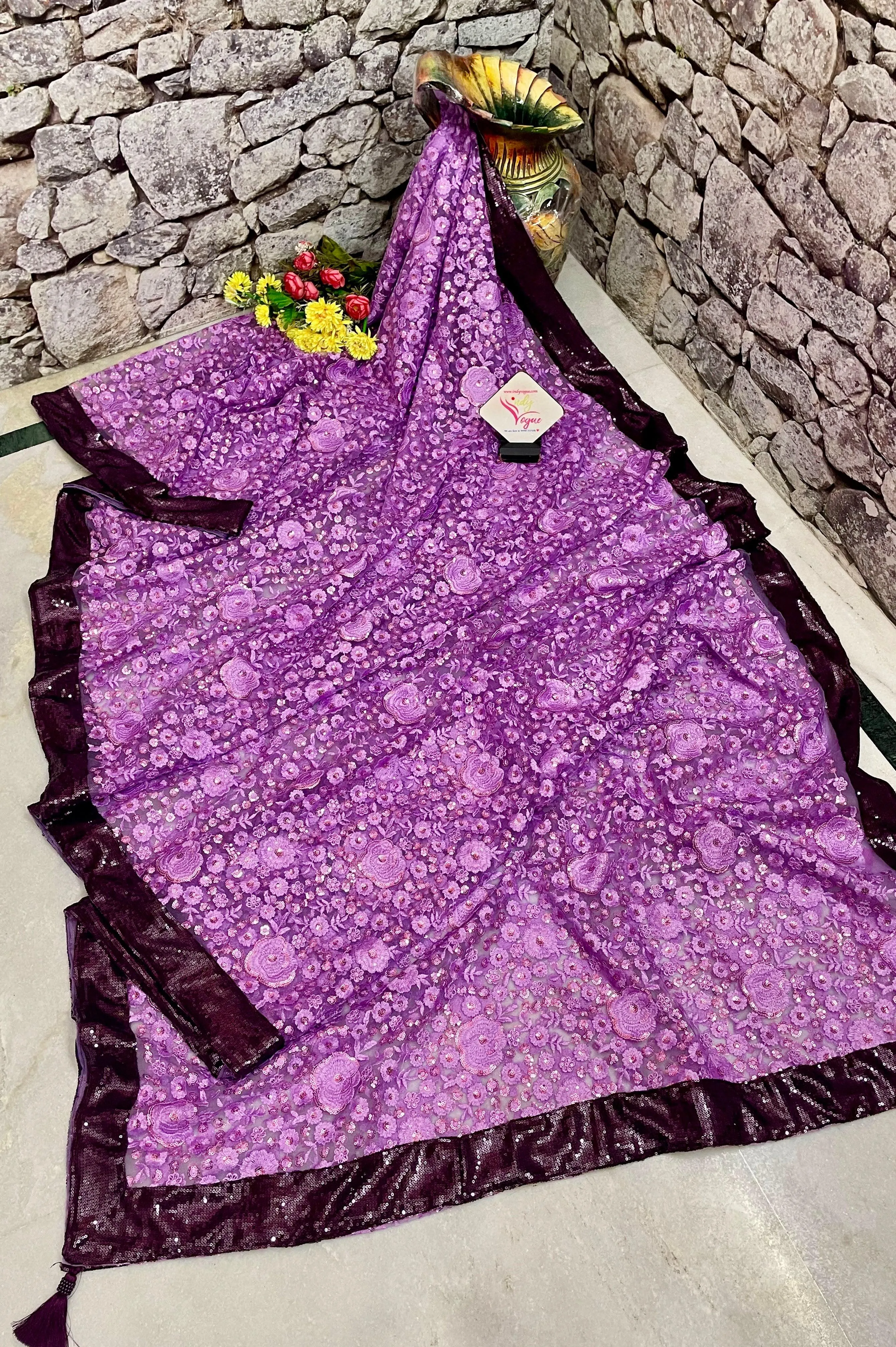 Lavender Color Designer Net Saree with Sequin Embroidery