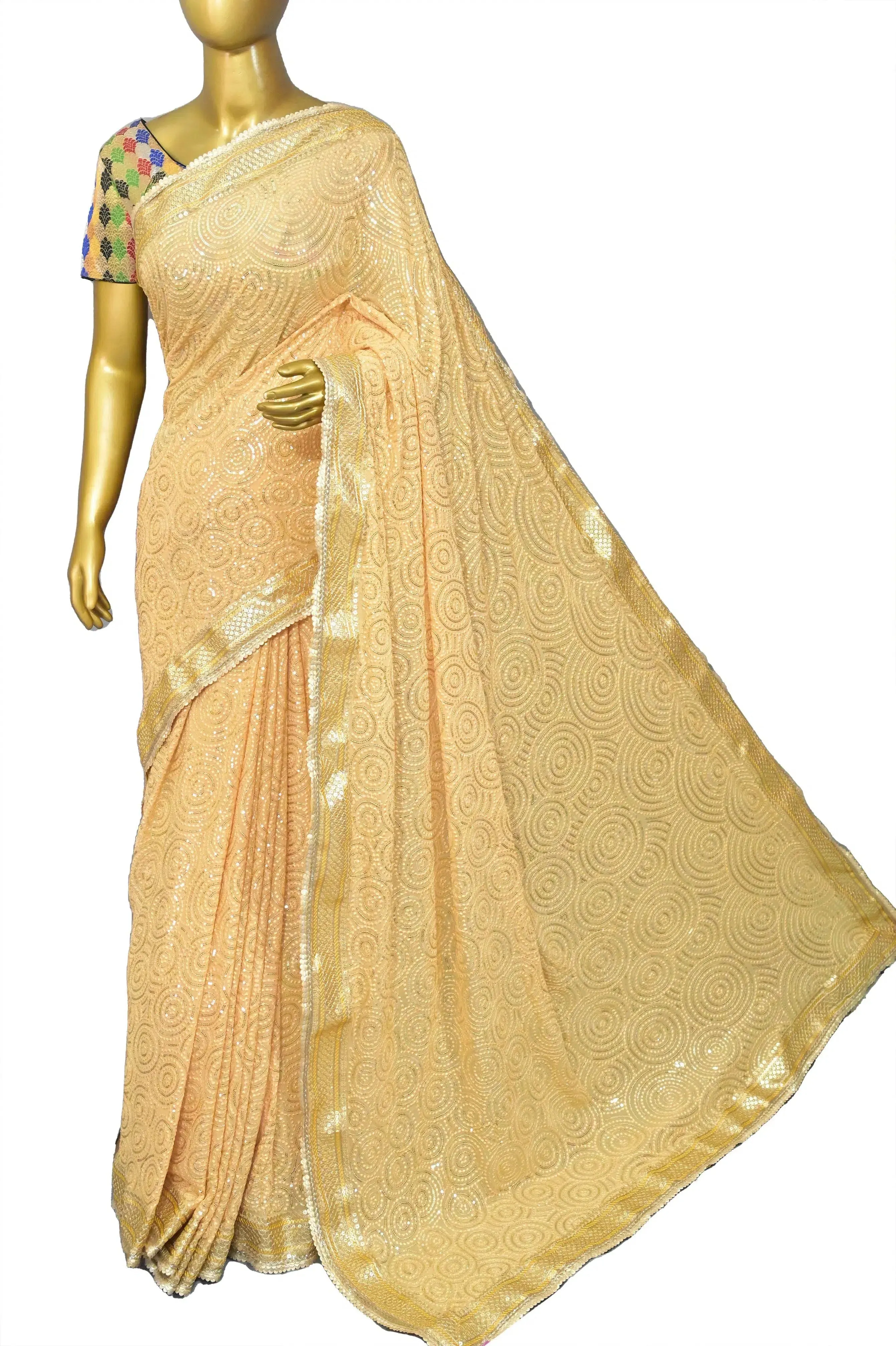 Light Yellow Color Pure Georgette Saree with Allover Sequin Work