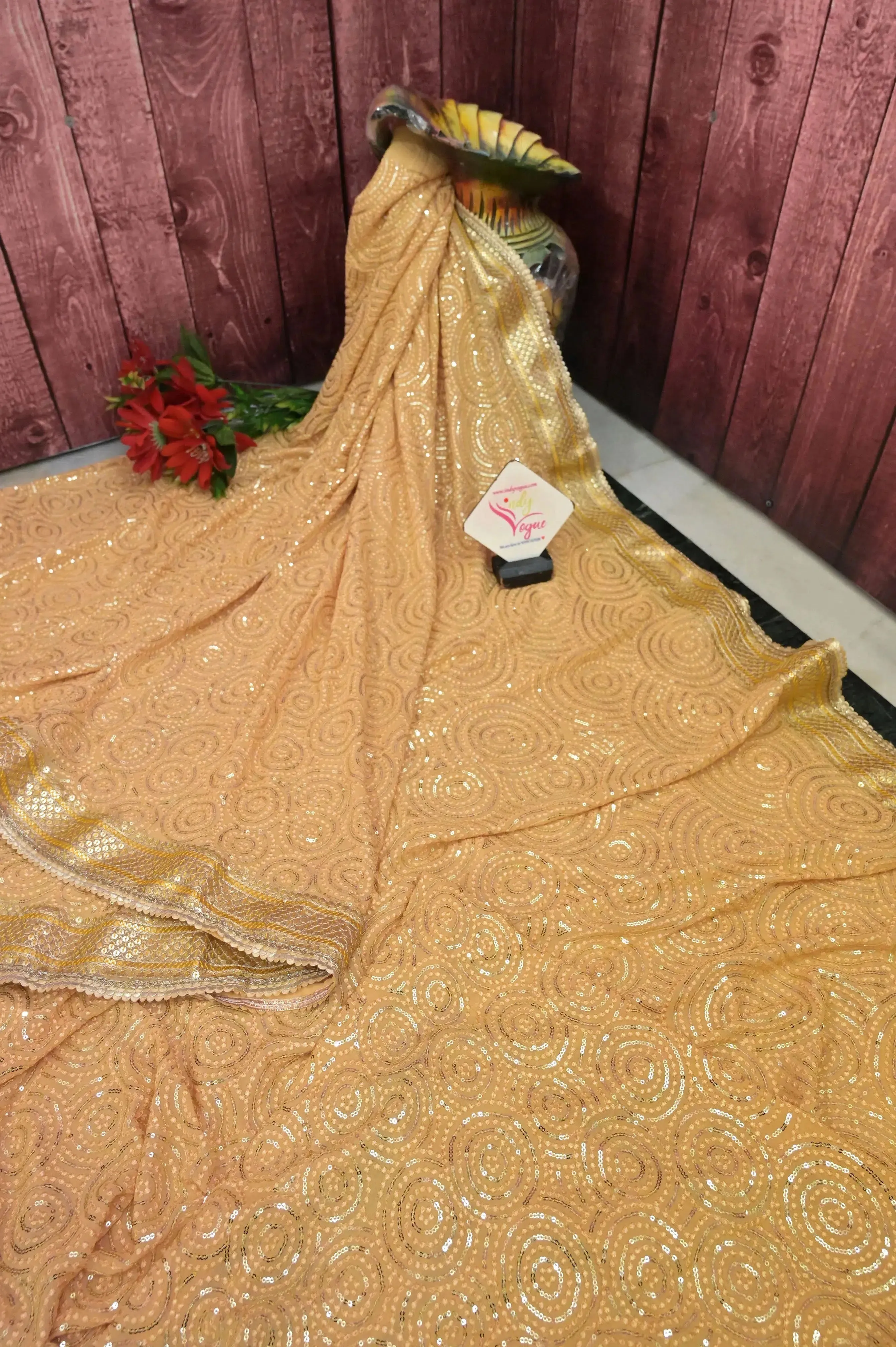 Light Yellow Color Pure Georgette Saree with Allover Sequin Work