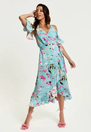 Liquorish Blue Abstract Print Cold Shoulder Midi Wrap Dress